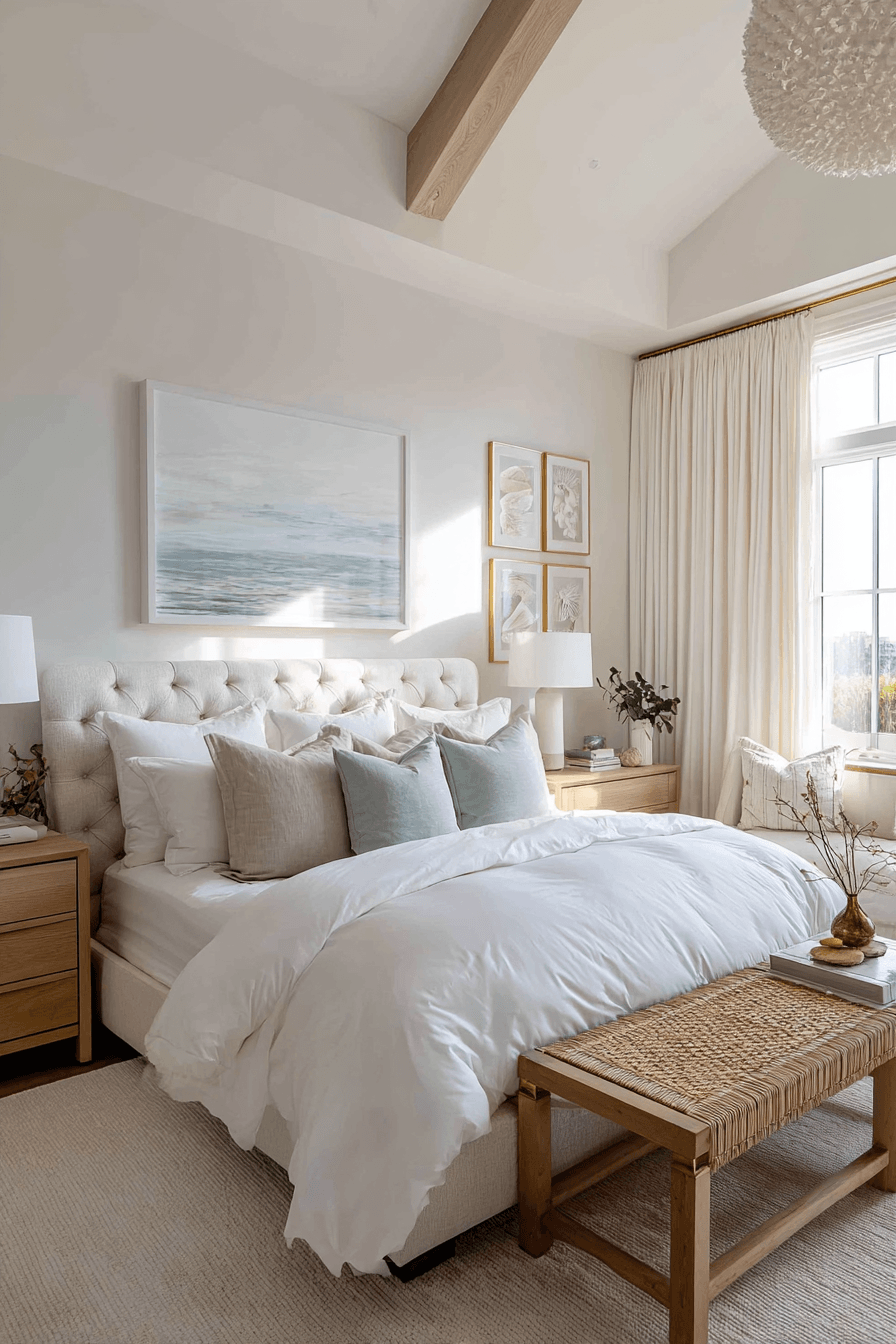 Coastal luxe beach theme bedroom with white bedding, rattan furniture, and soft blue details