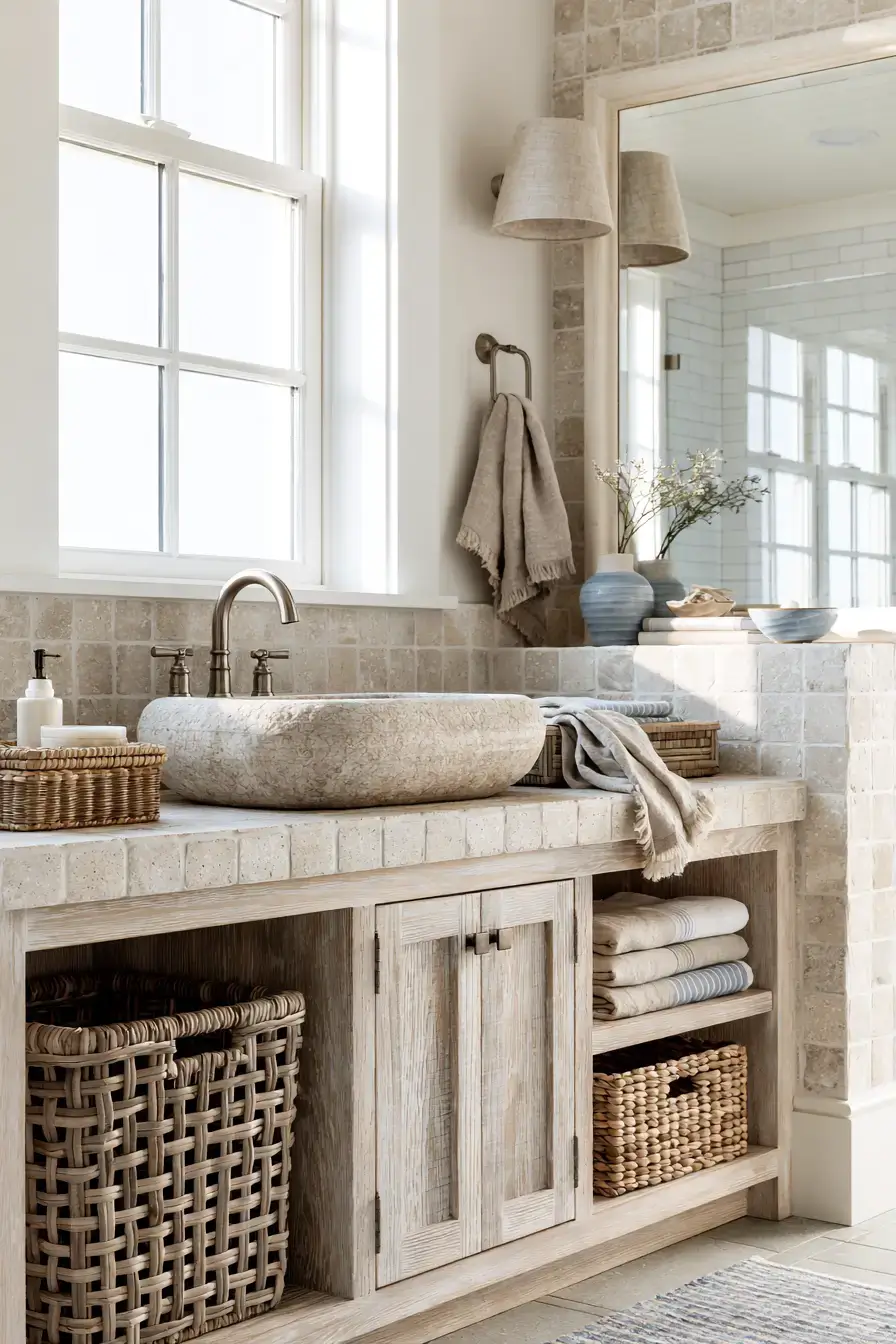 A coastal bathroom vanity with a light stone sink, woven accents, and airy décor