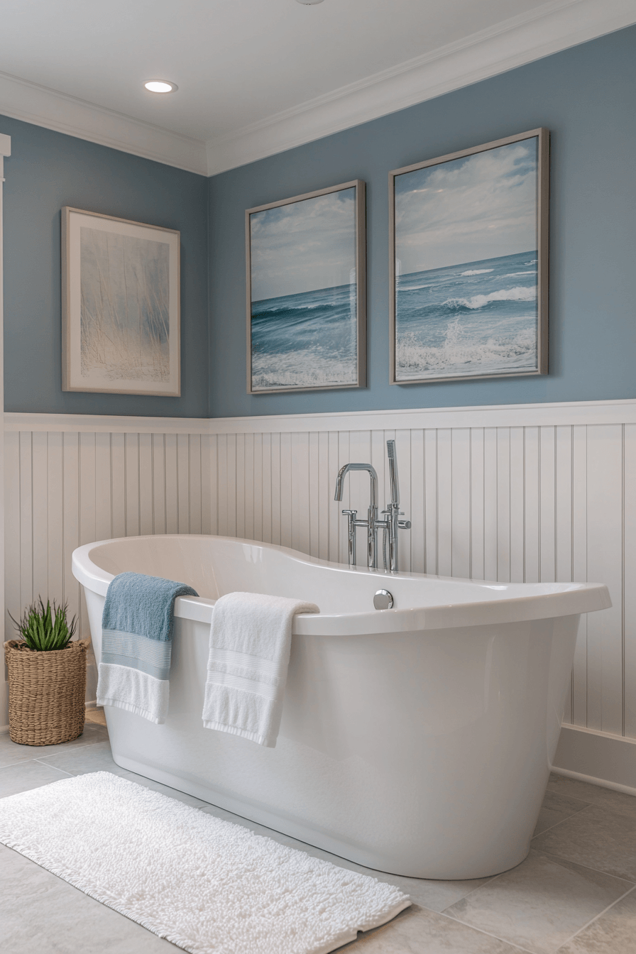 Personal beachy bathroom with a simple coastal object, white towel, and relaxed styling