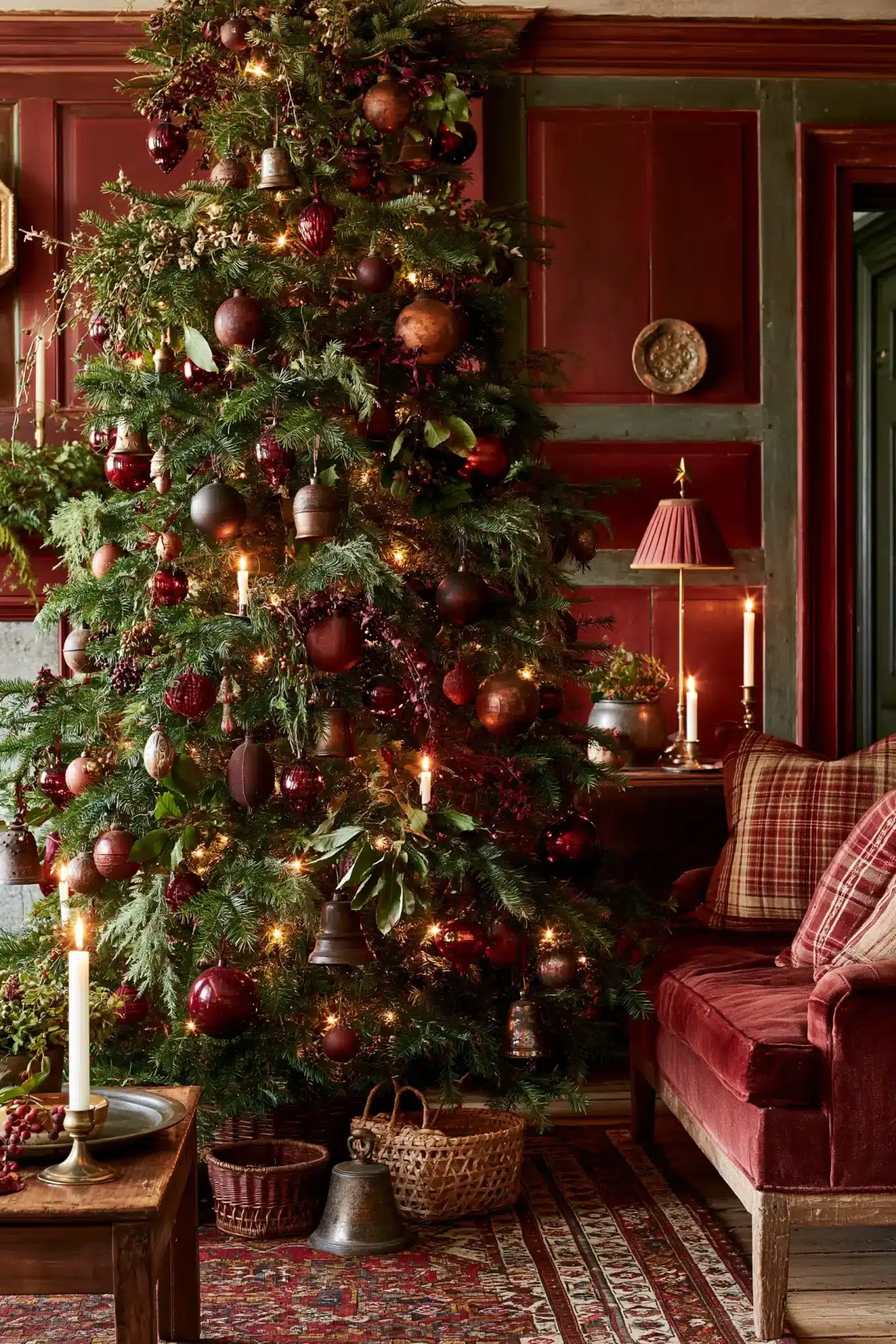 Old-world moody Christmas decor with antique ornaments, wooden pieces, and natural greenery.