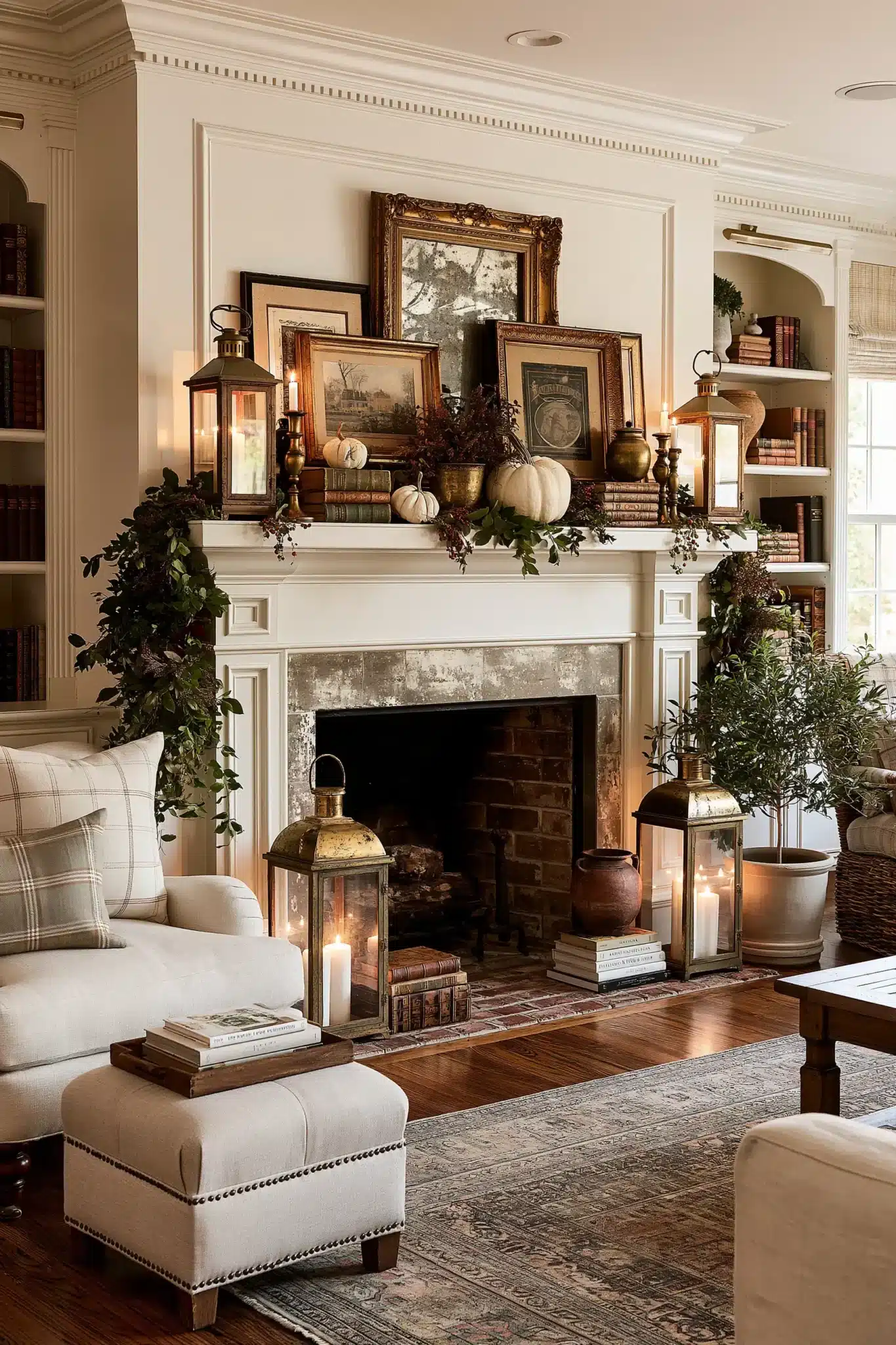 Vintage Thanksgiving mantel styled with old frames, books, lanterns, and greenery.