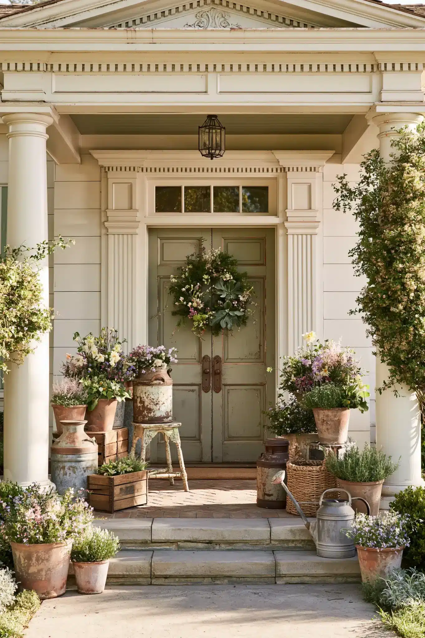 A vintage-style spring porch with weathered garden pieces, flowers, and layered containers.