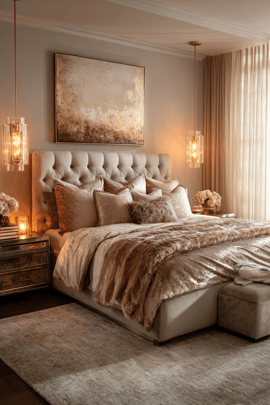 Warm luxe bedroom with velvet, brass fixtures, and layered bedding