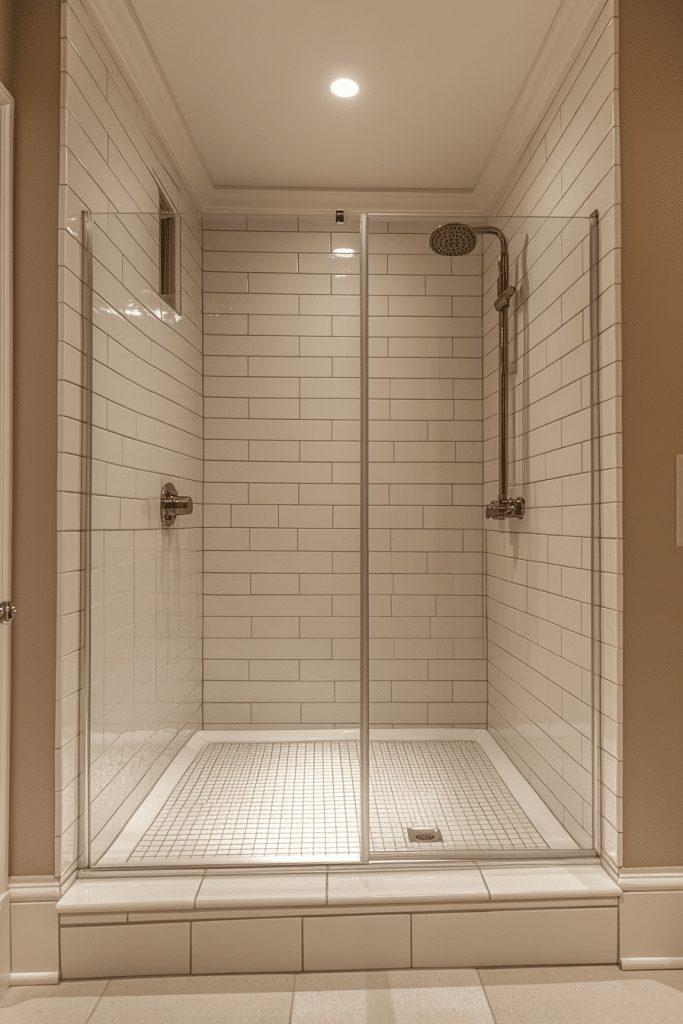 Small bathroom walk-in shower with a hidden drain.