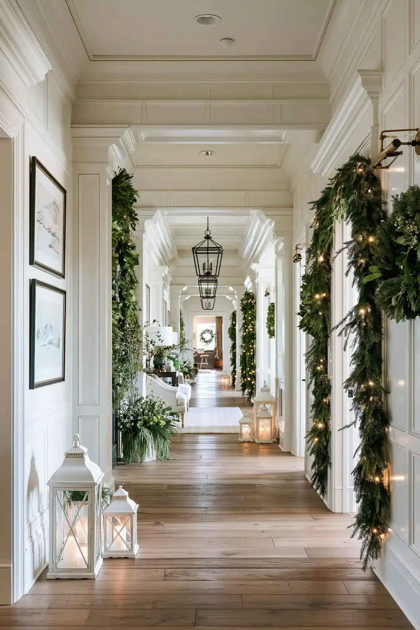 A hallway decorated with garlands, lanterns, and holiday greenery