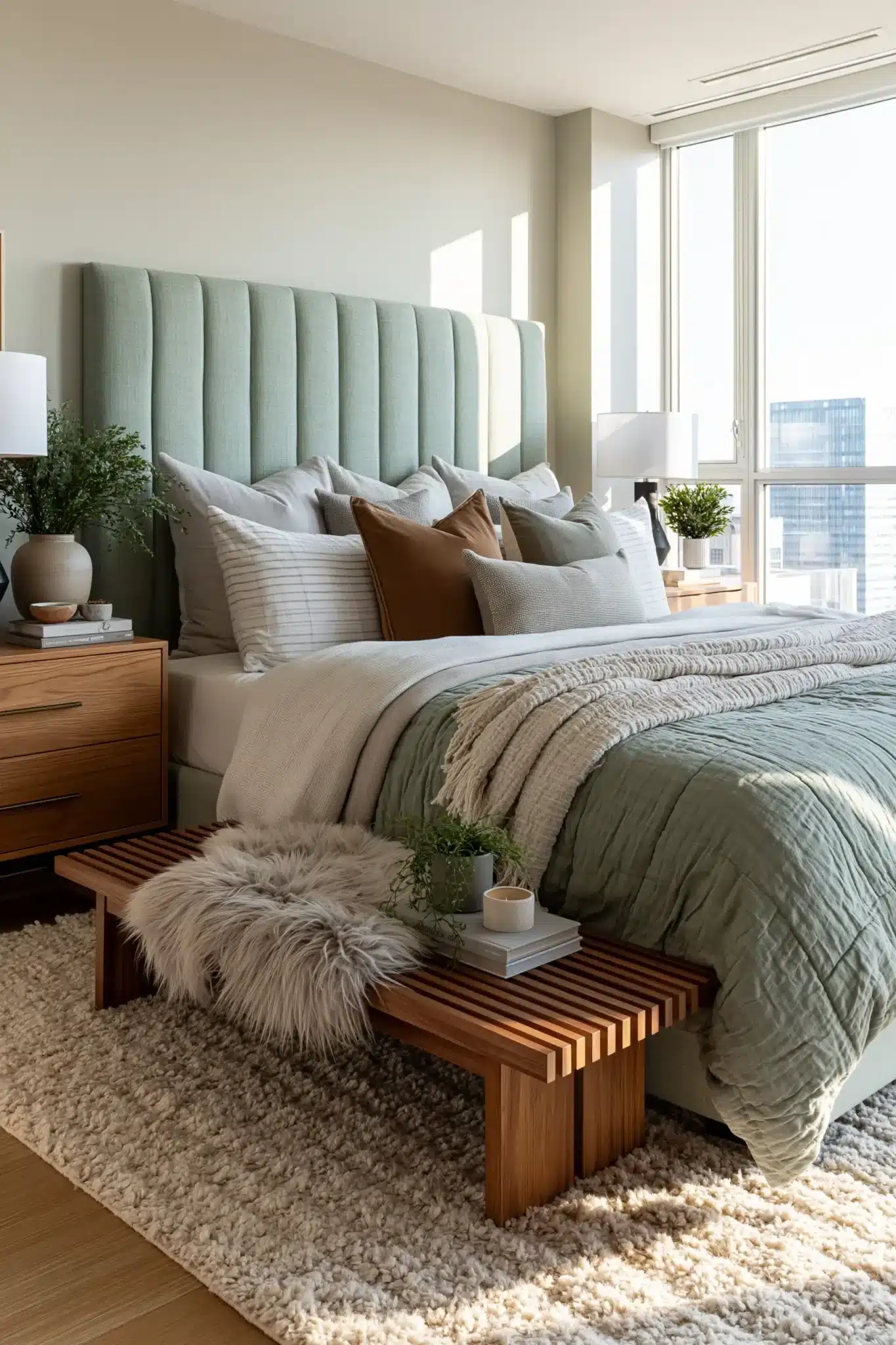 Modern sage green and grey bedroom with contemporary furniture, wood accents, and soft textures