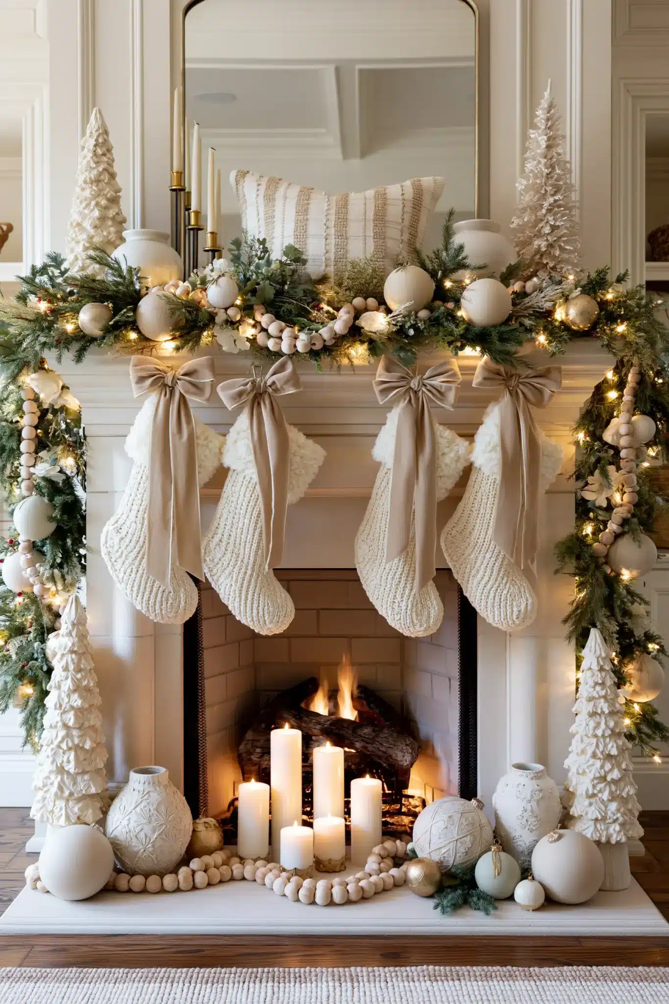 A modern neutral Christmas fireplace styled with cream decor, greenery, and soft lights.