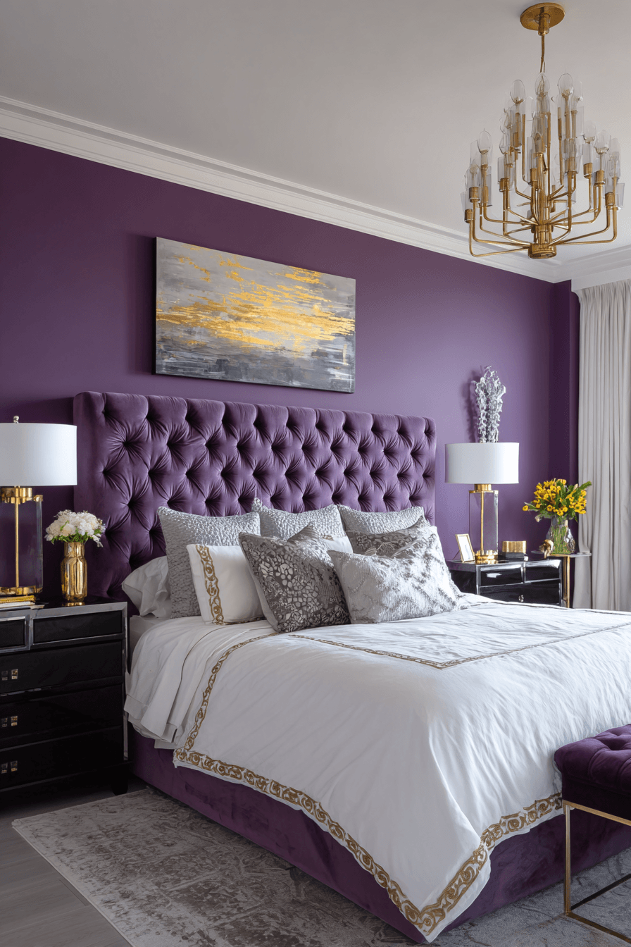 Modern bedroom with royal purple bedding, sleek furniture, and luxe finishes