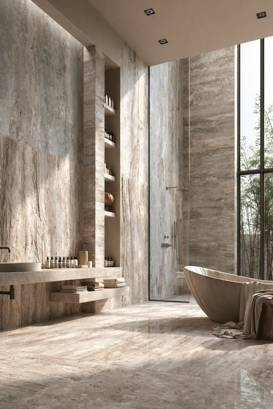 Contemporary stone bathroom with large-format tiles and sleek fixtures