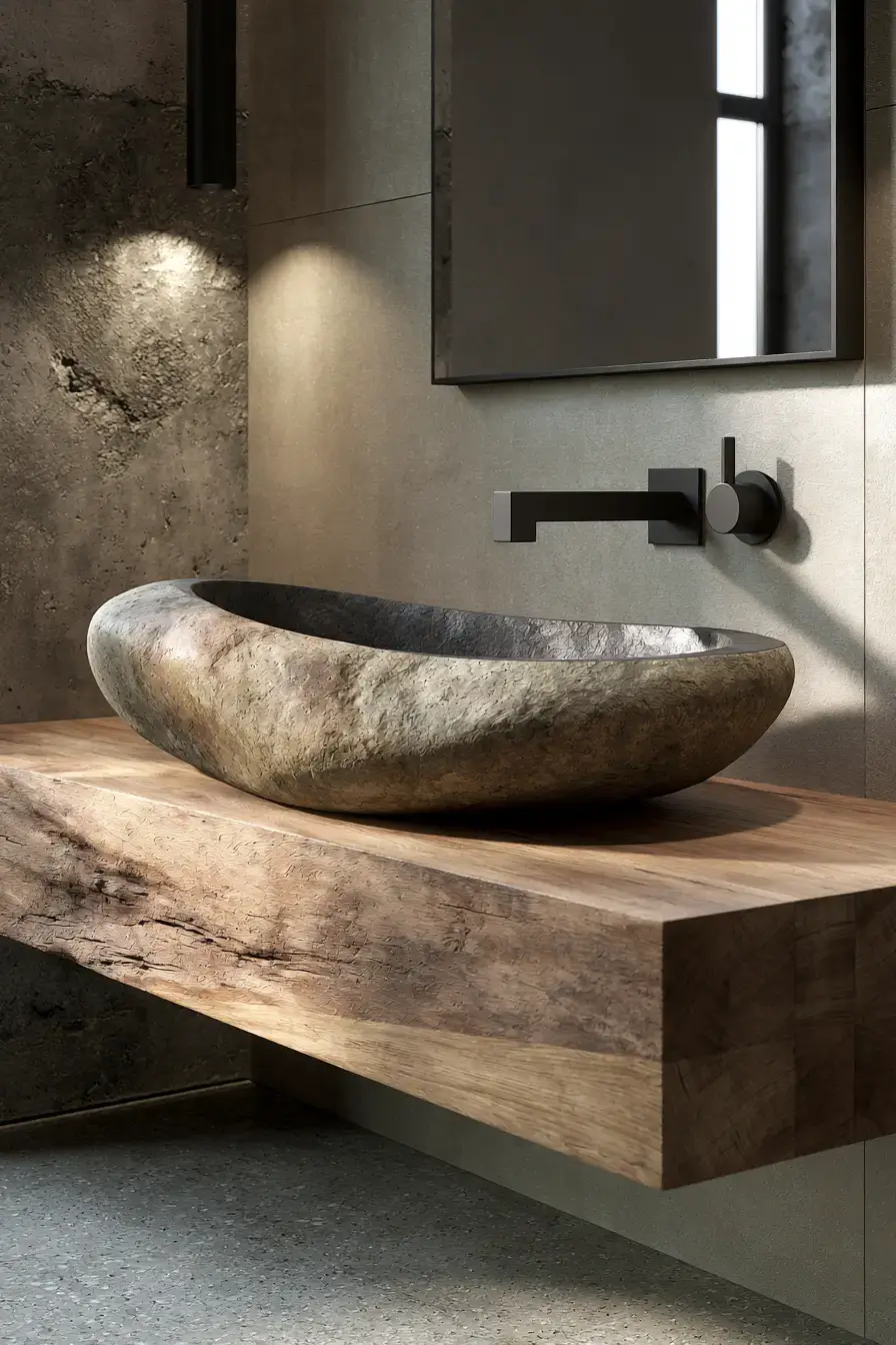A modern bathroom vanity with a smooth river rock stone sink and black fixtures