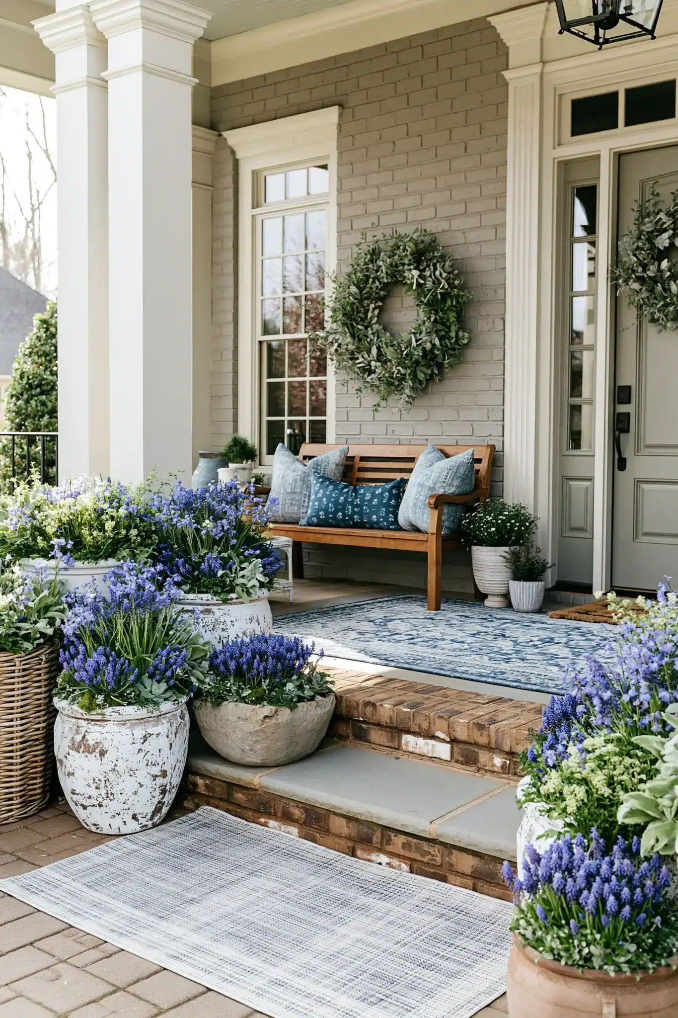 A spring porch styled with blue blooms, white containers, and natural wood furniture.