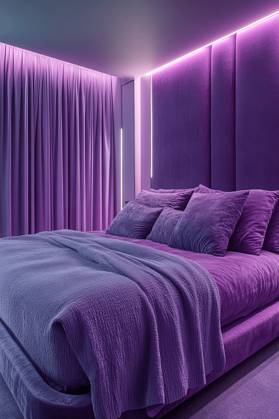 Modern lilac bedroom with sleek silver accents and white furniture