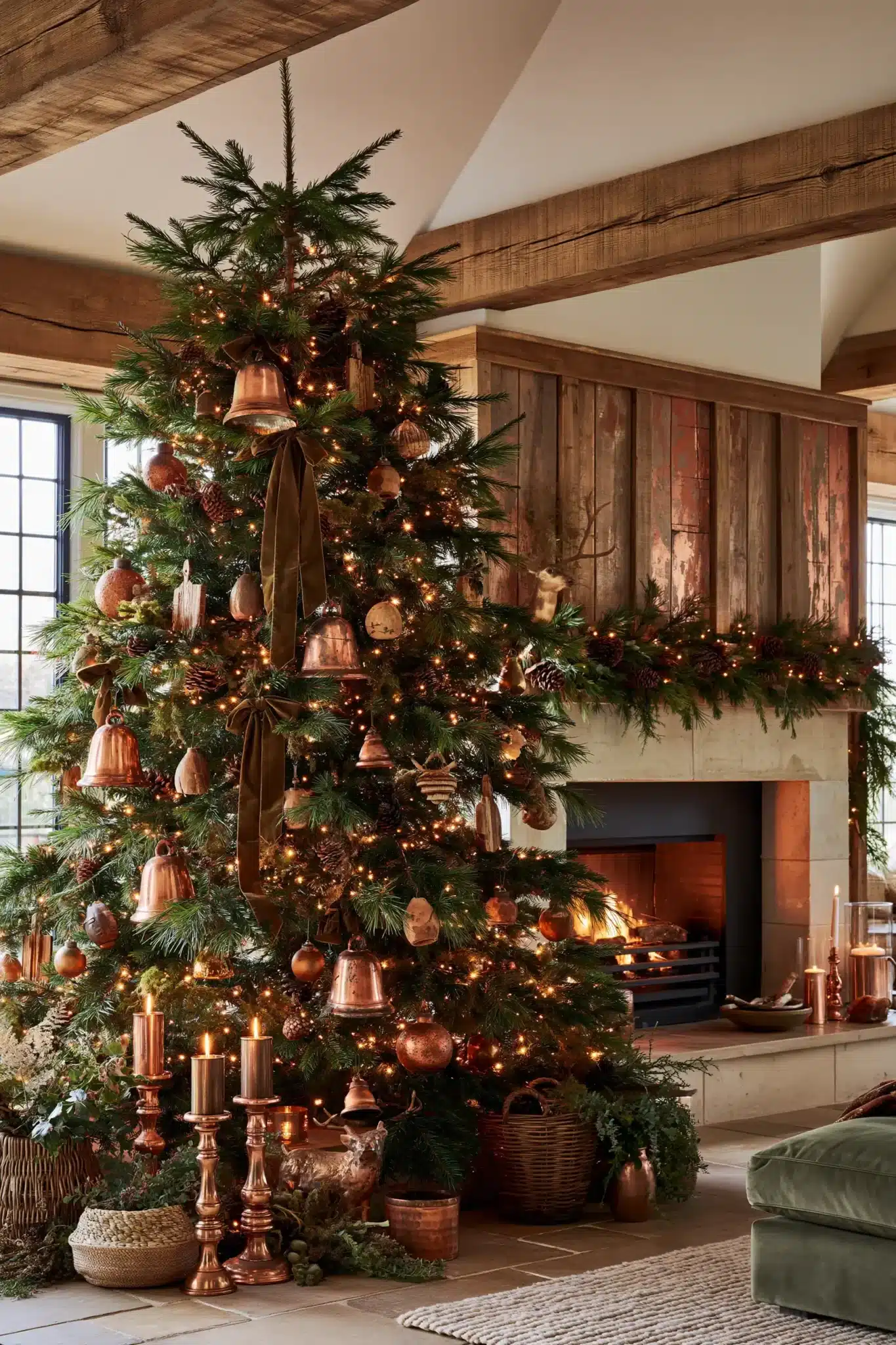 Woodland moody Christmas decor with natural textures, copper accents, and dark greenery.