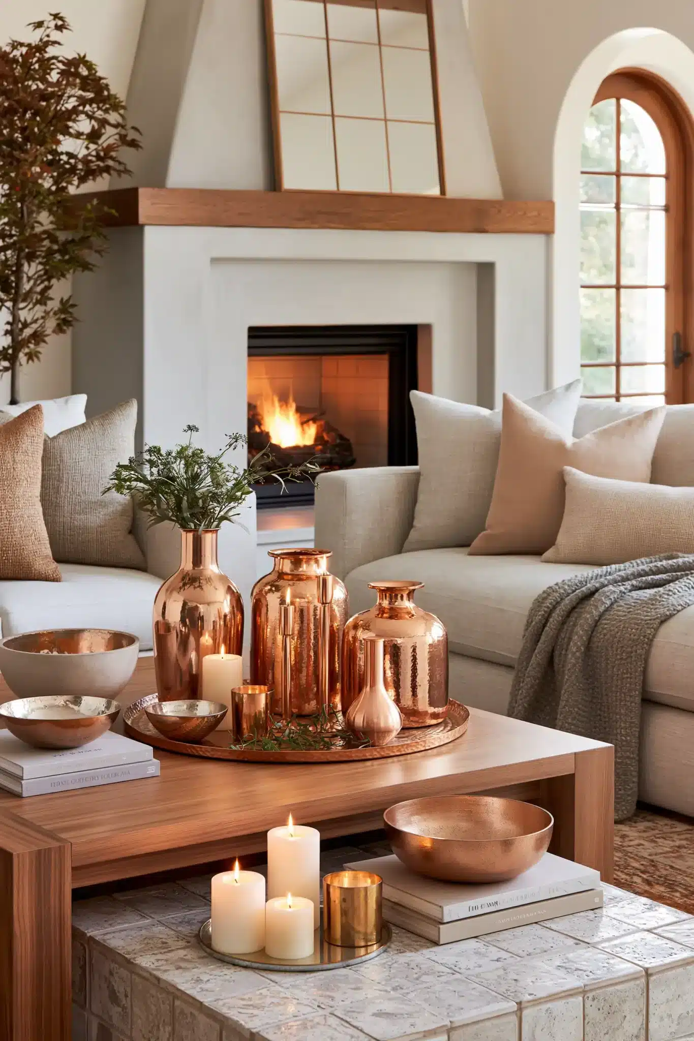 Copper autumn styling with copper candleholders, trays, and vases in a warm room.