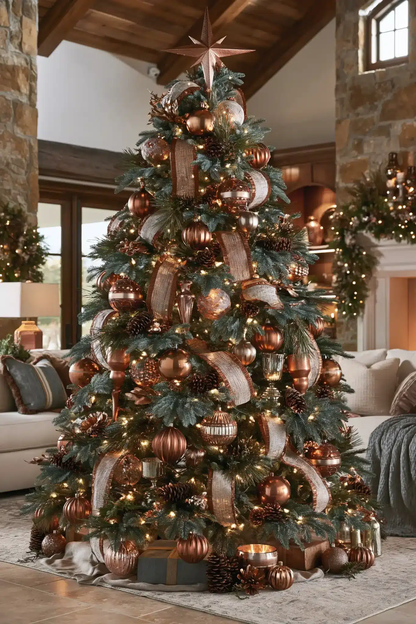 Copper and evergreen Christmas tree with warm metallic ornaments and natural greenery