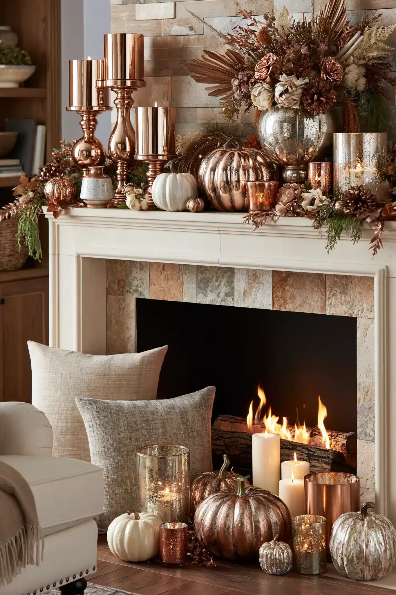 Thanksgiving mantel decorated with copper candleholders, metallic pumpkins, and dried flowers.