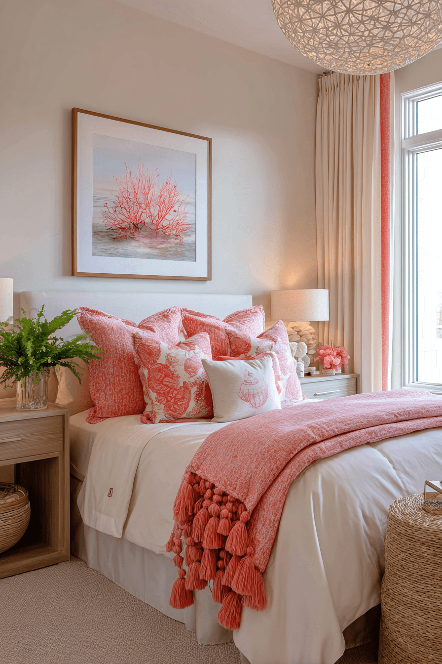Coral and cream coastal bedroom with soft textiles and feminine beach decor