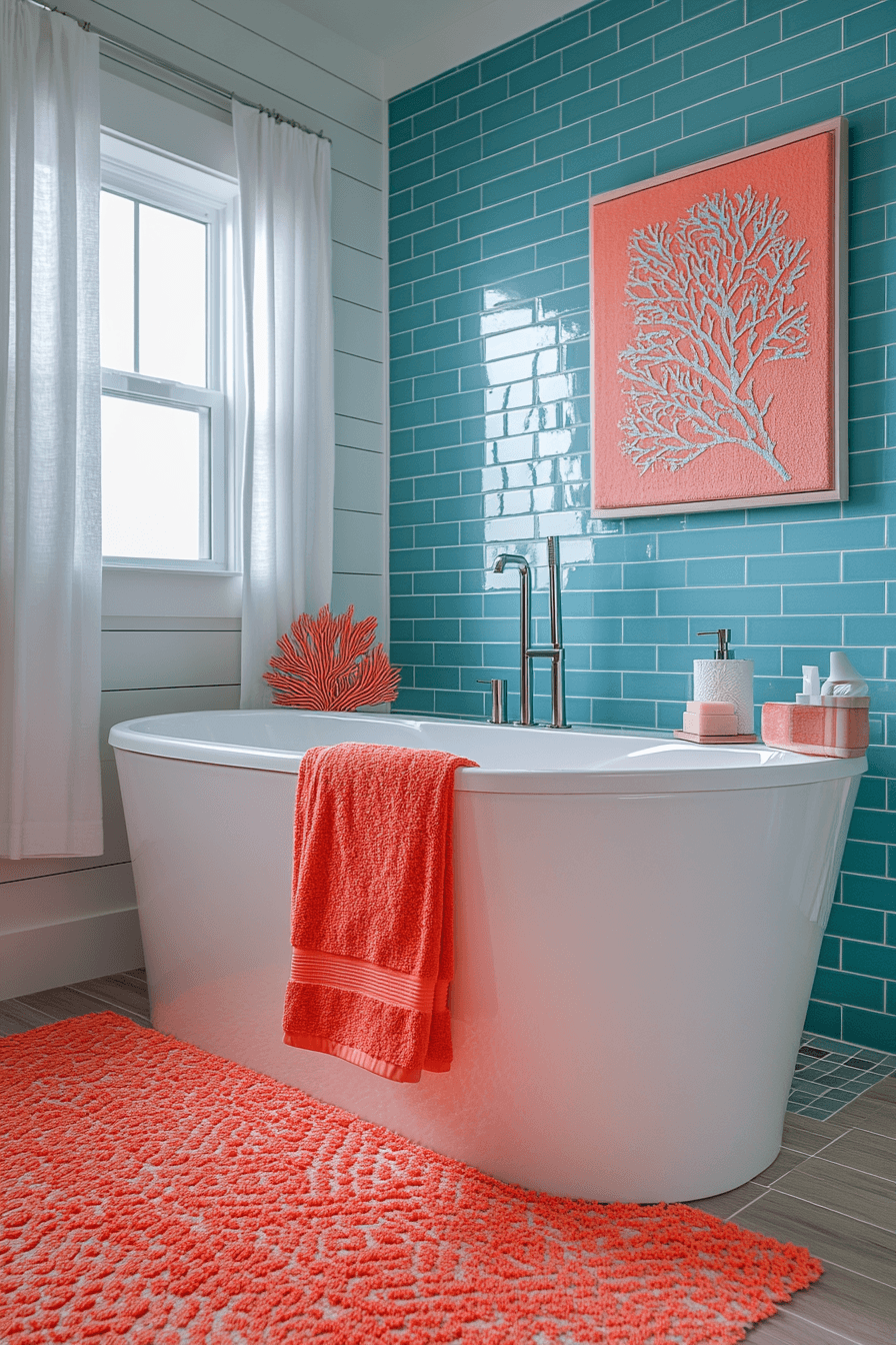 Playful ocean bathroom with teal accents, coral textiles, and white hex tile