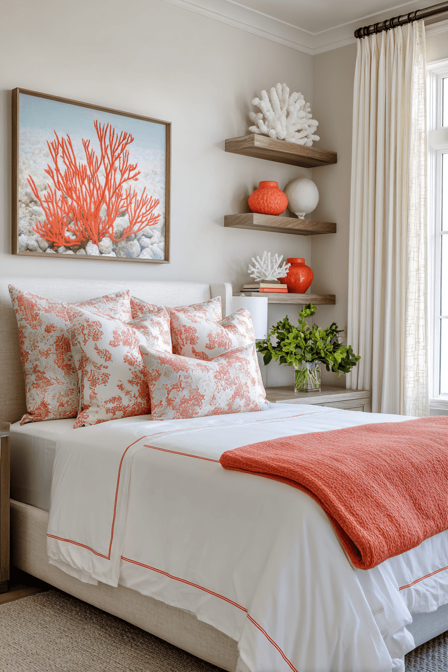 Beachy bedroom with coral accent pillows neutral bedding and soft natural textures