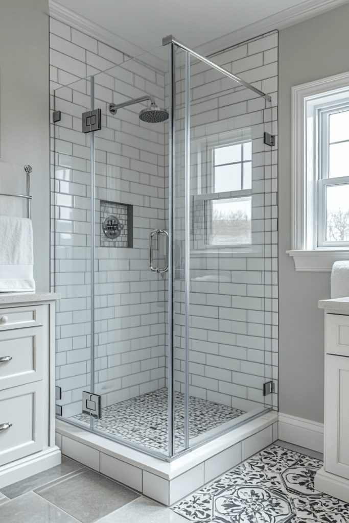 Corner walk-in shower with clear panels in a small bathroom.