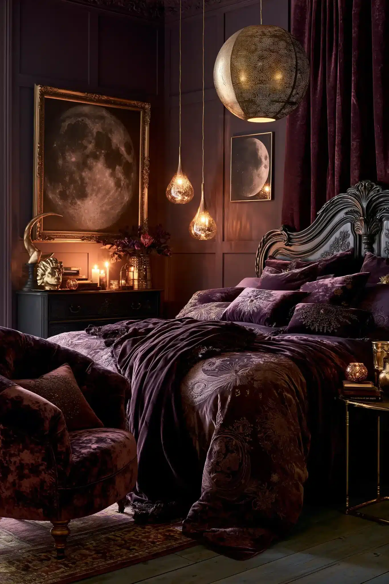 Cosmic-inspired purple gothic bedroom with celestial decor, layered fabrics, and warm textures.