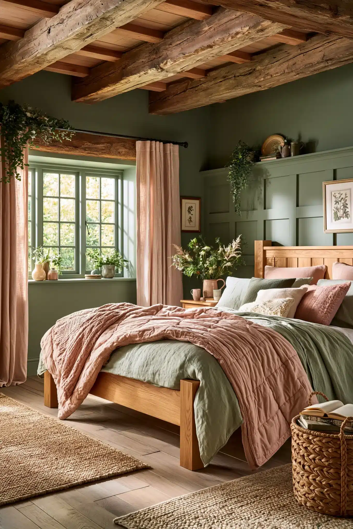 Cottage-style sage green and blush bedroom with quilts, linen curtains, and rustic wood.
