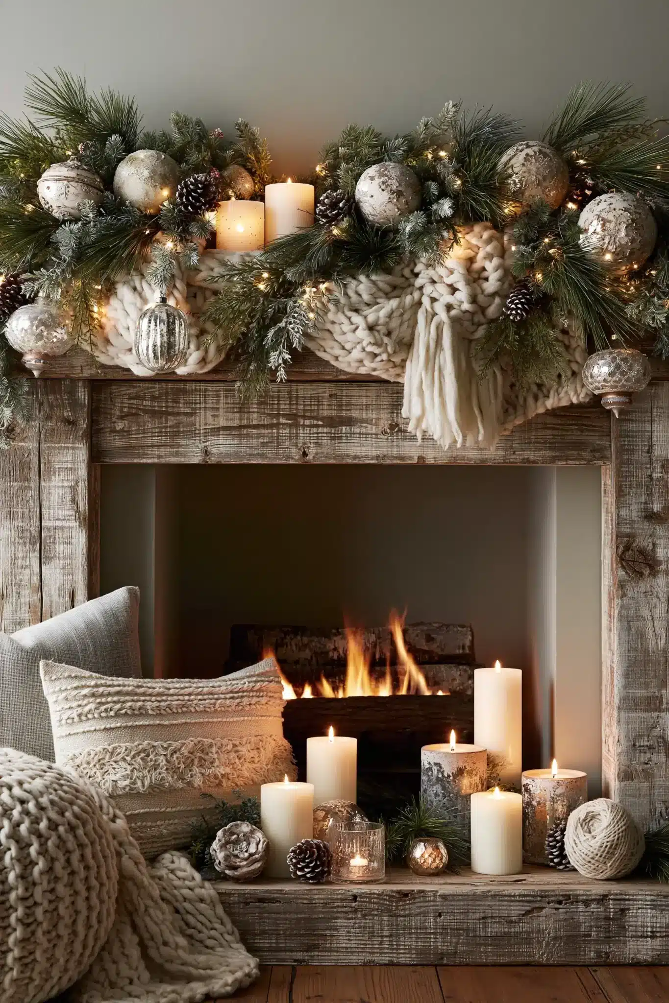 Cottage Christmas mantel with weathered wood, soft fabrics, and vintage ornaments