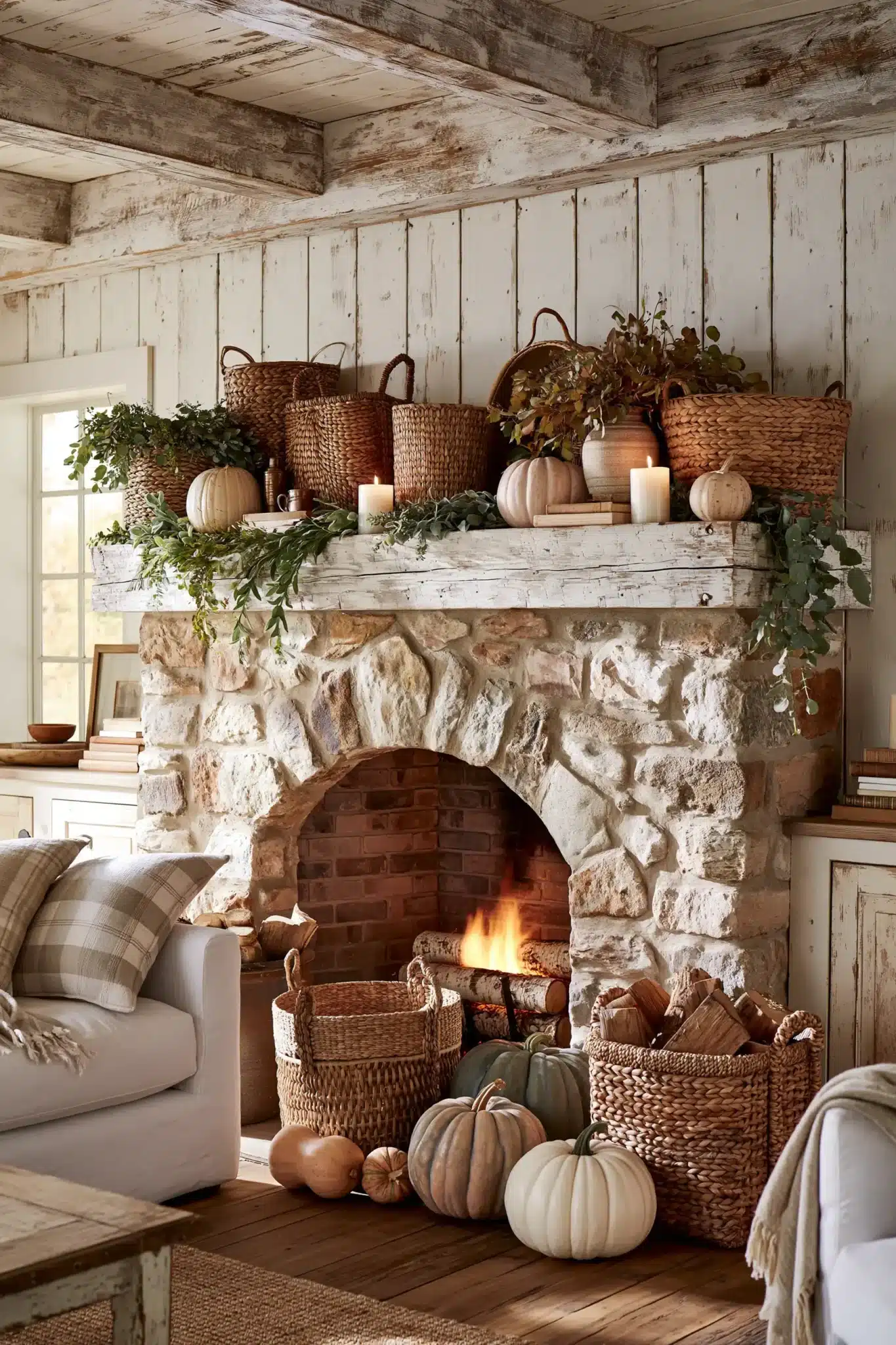 Cottage-style Thanksgiving mantel with baskets, rustic pumpkins, greenery, and candles.