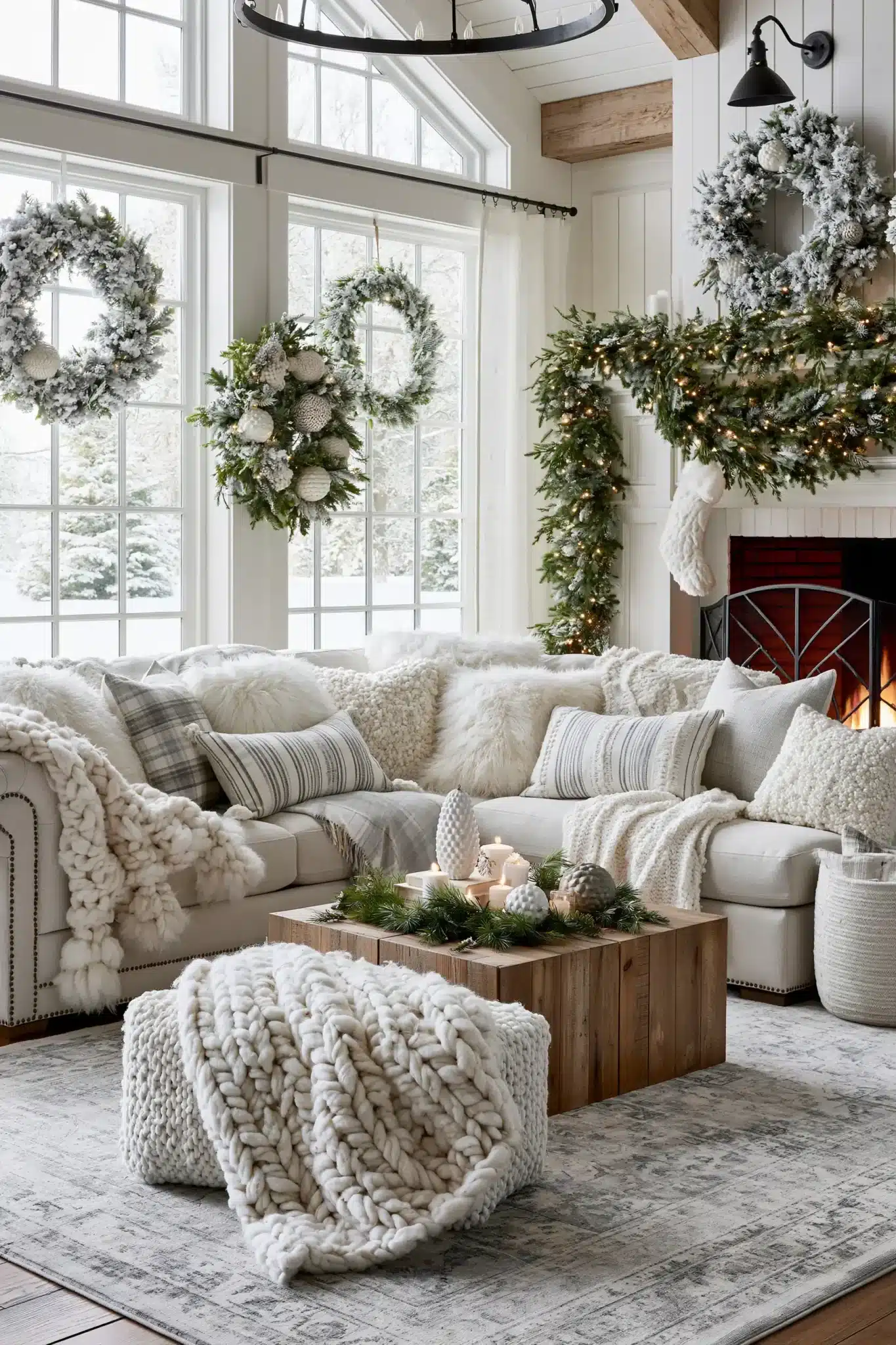 Cozy white holiday decor with fluffy wreaths, soft blankets, and cotton-like textures
