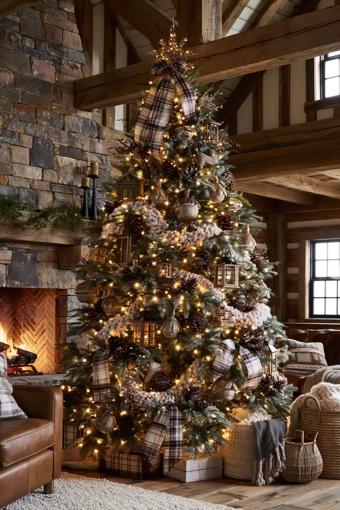 Cozy cabin Christmas tree with plaid ribbon, knit textures, and rustic wooden ornaments