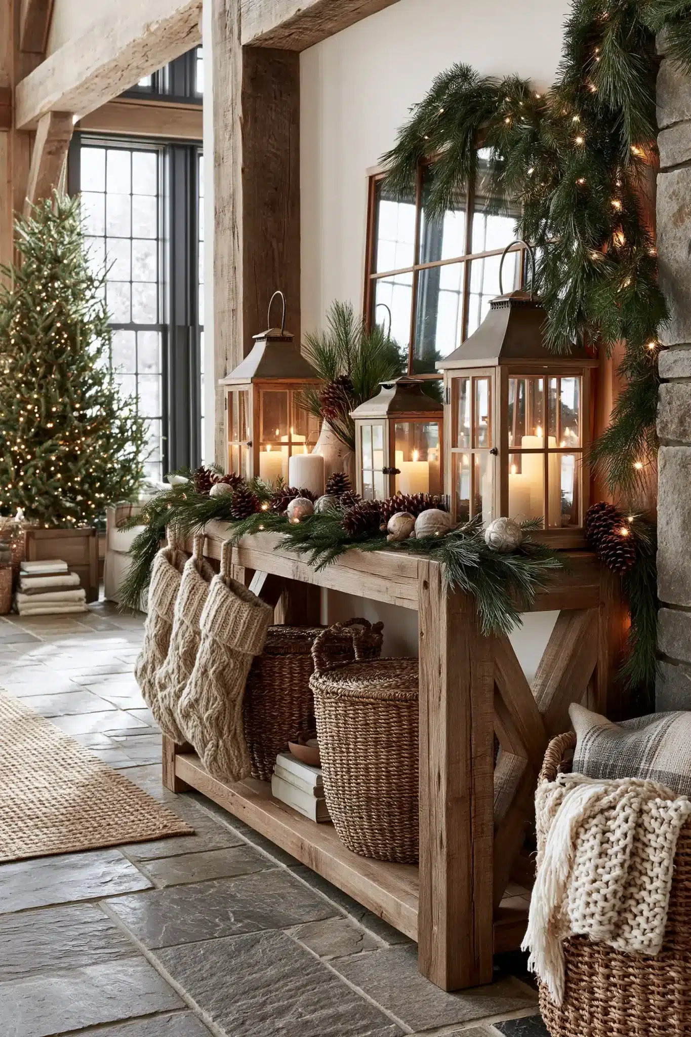 Warm cabin-inspired Christmas entryway table with greenery, lanterns, and rustic holiday accents