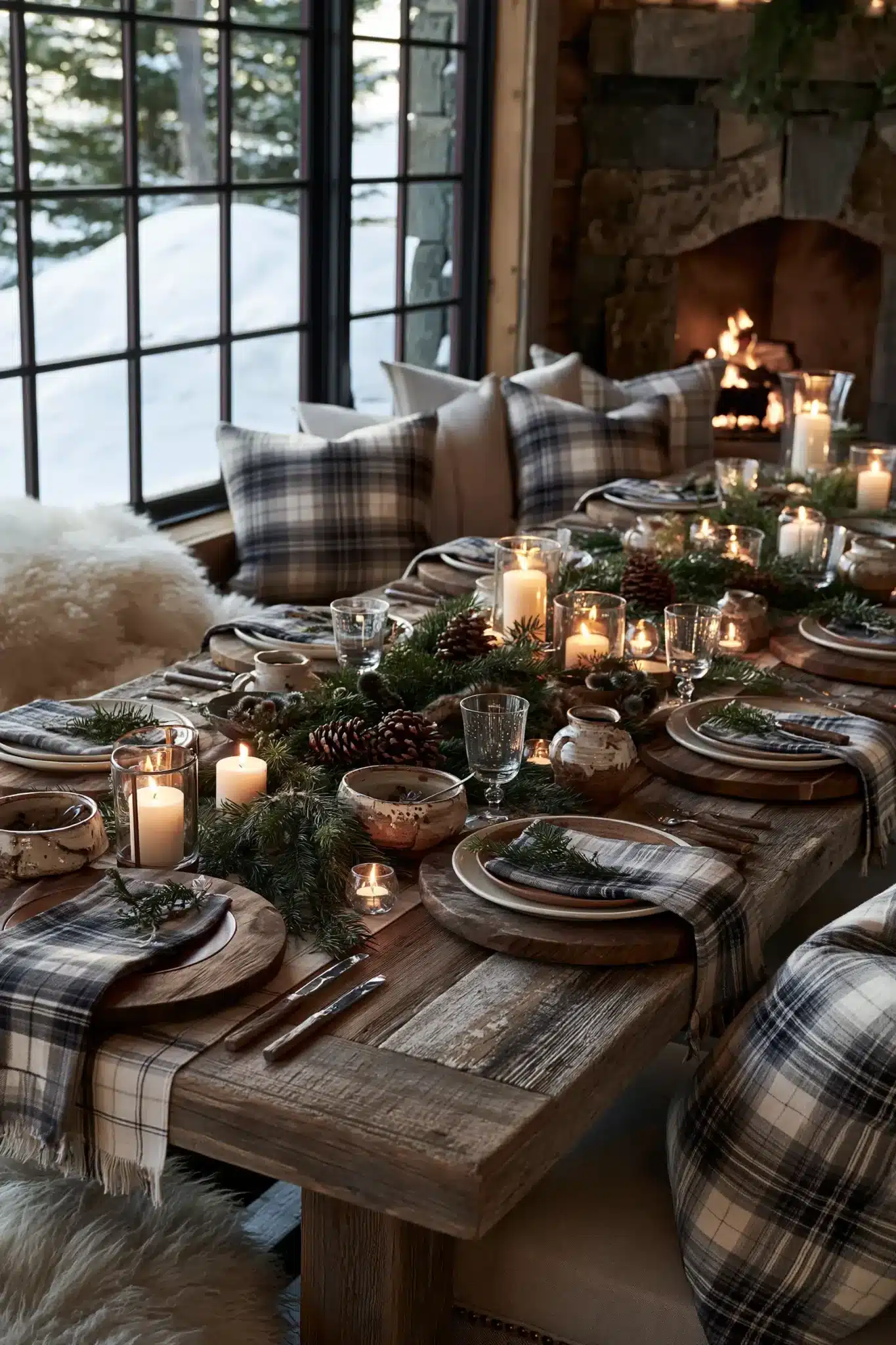 A cozy cabin Christmas table with plaid textiles, wood chargers, and warm candlelight