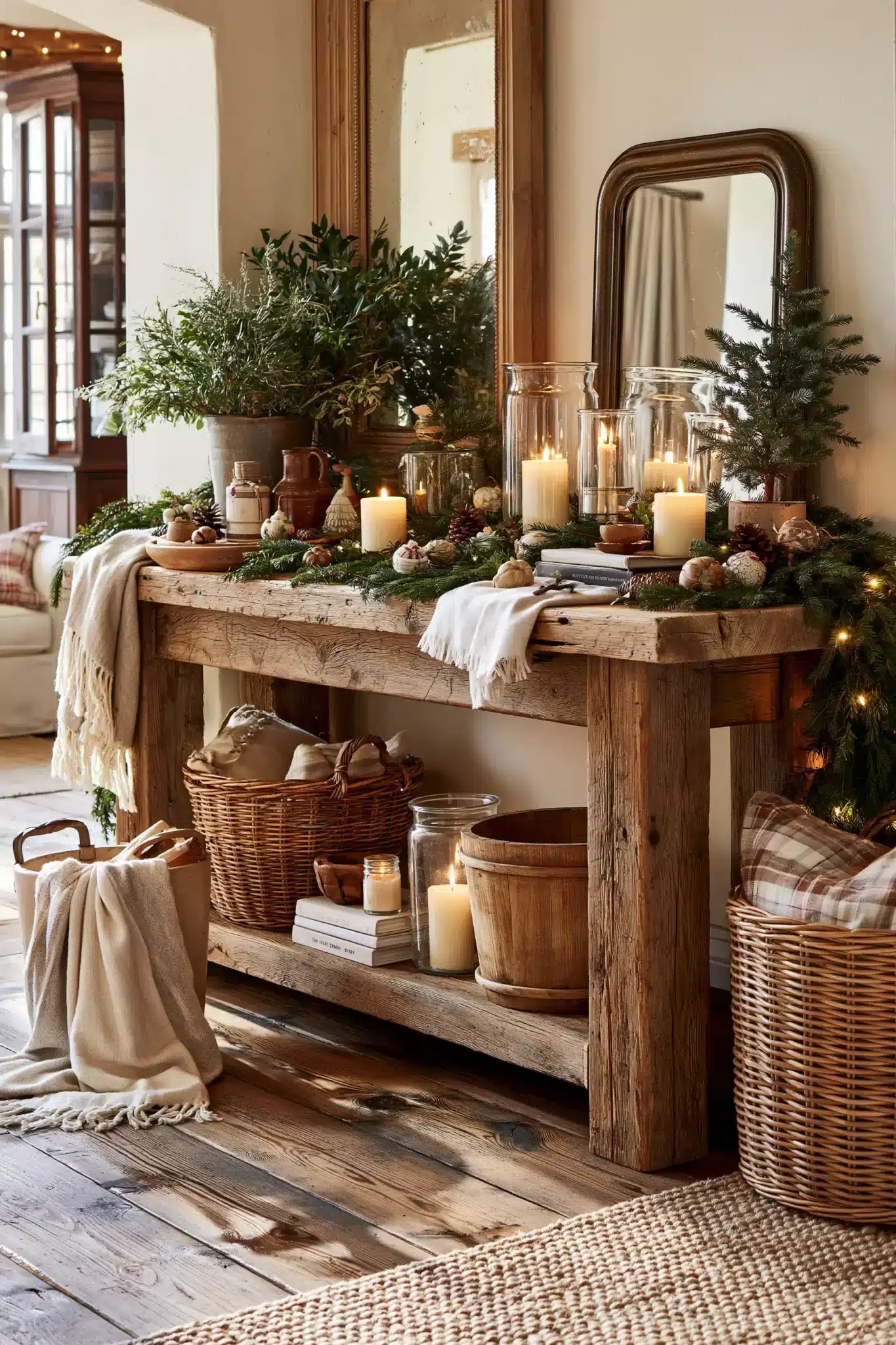 Cozy cottage Christmas entryway table with handmade details, candles, and greenery