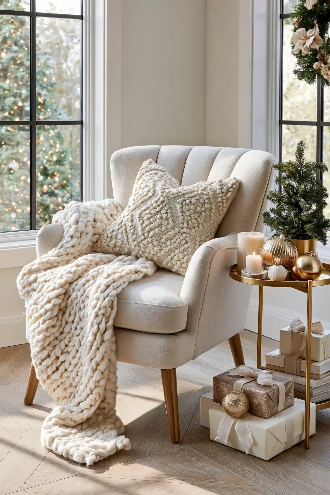 A cozy cream-colored Christmas nook with a chair, throw blanket, pillow, and mini tree.