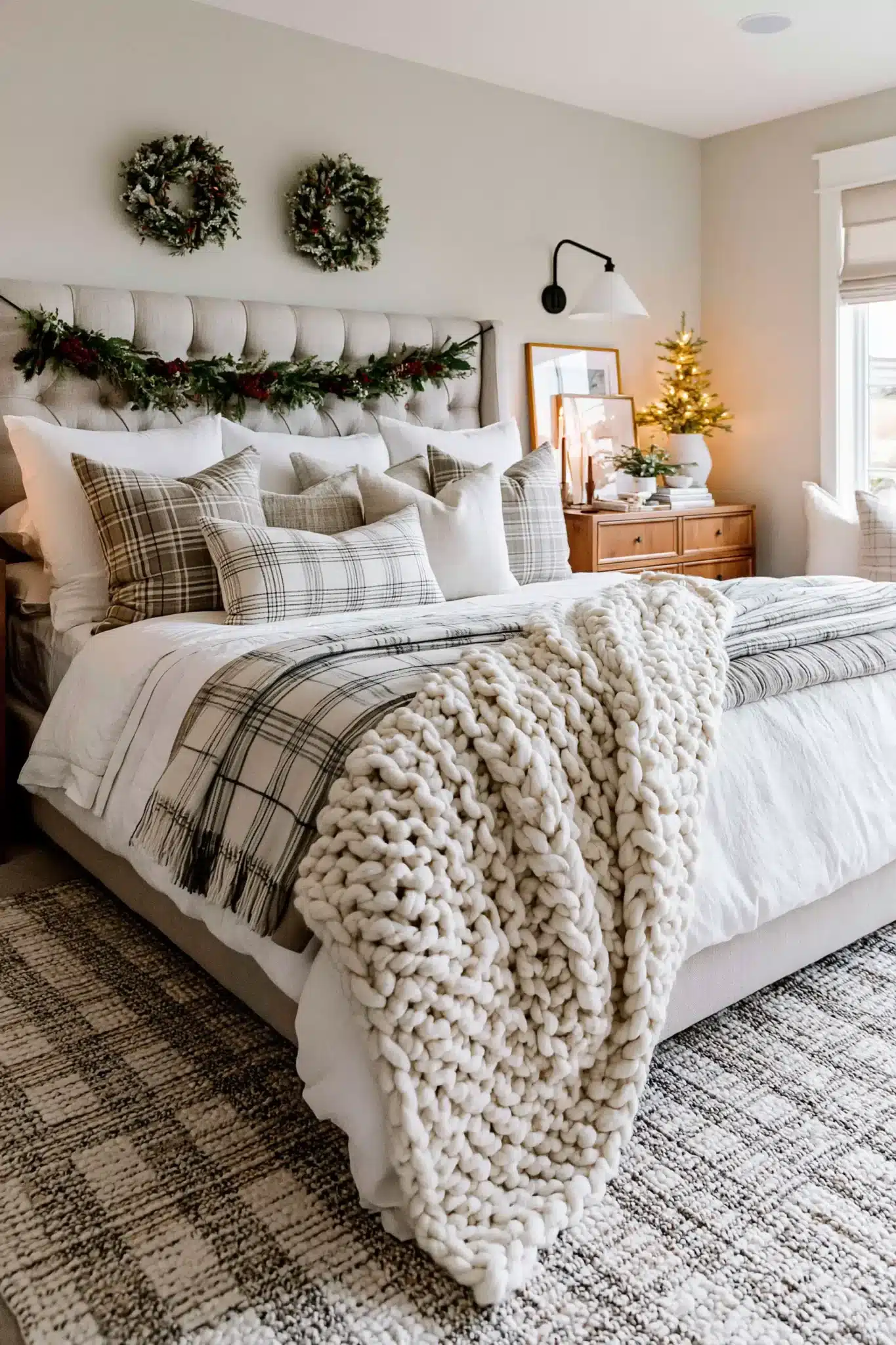 A cozy bedroom styled with soft holiday bedding and subtle Christmas decor