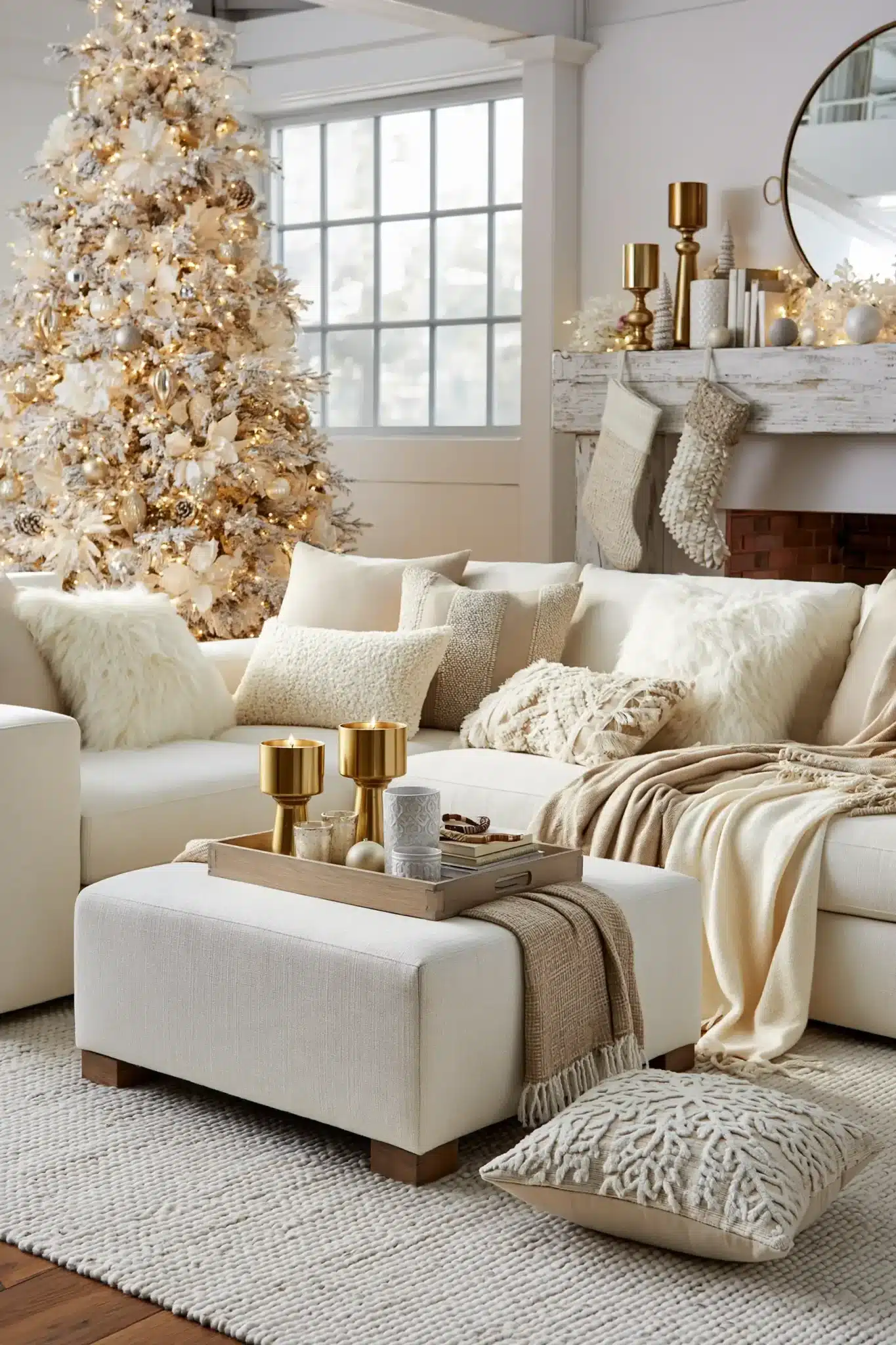 A cozy ivory living room decorated for Christmas with throws, pillows, gold candleholders, and a tree.