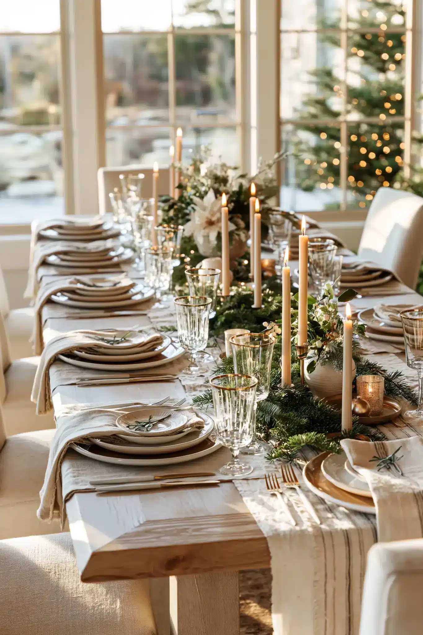 A cozy Christmas dining table styled with candles, greenery, and elegant place settings
