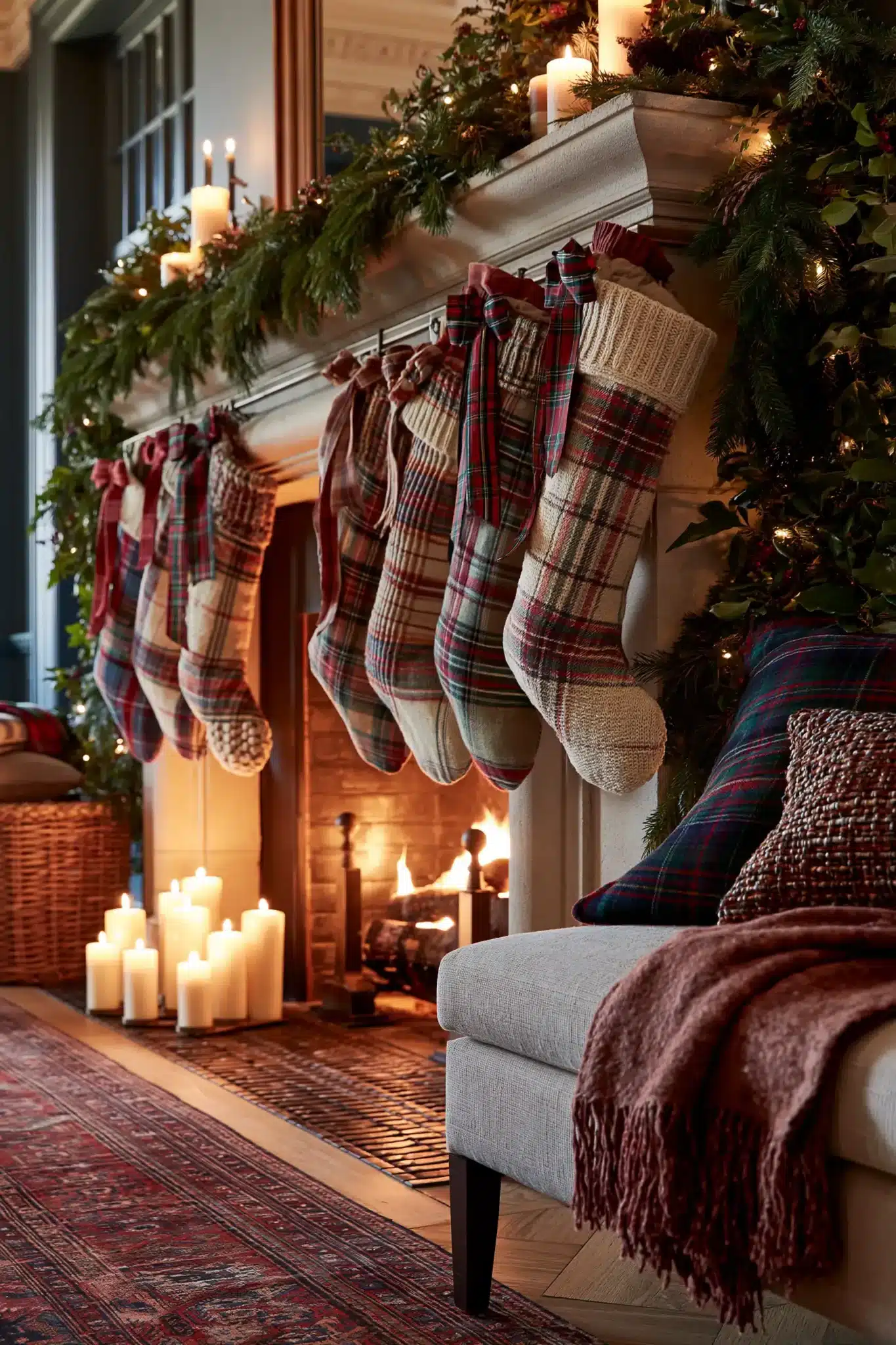 Plaid Christmas mantel with stockings, ribbon, and evergreen accents