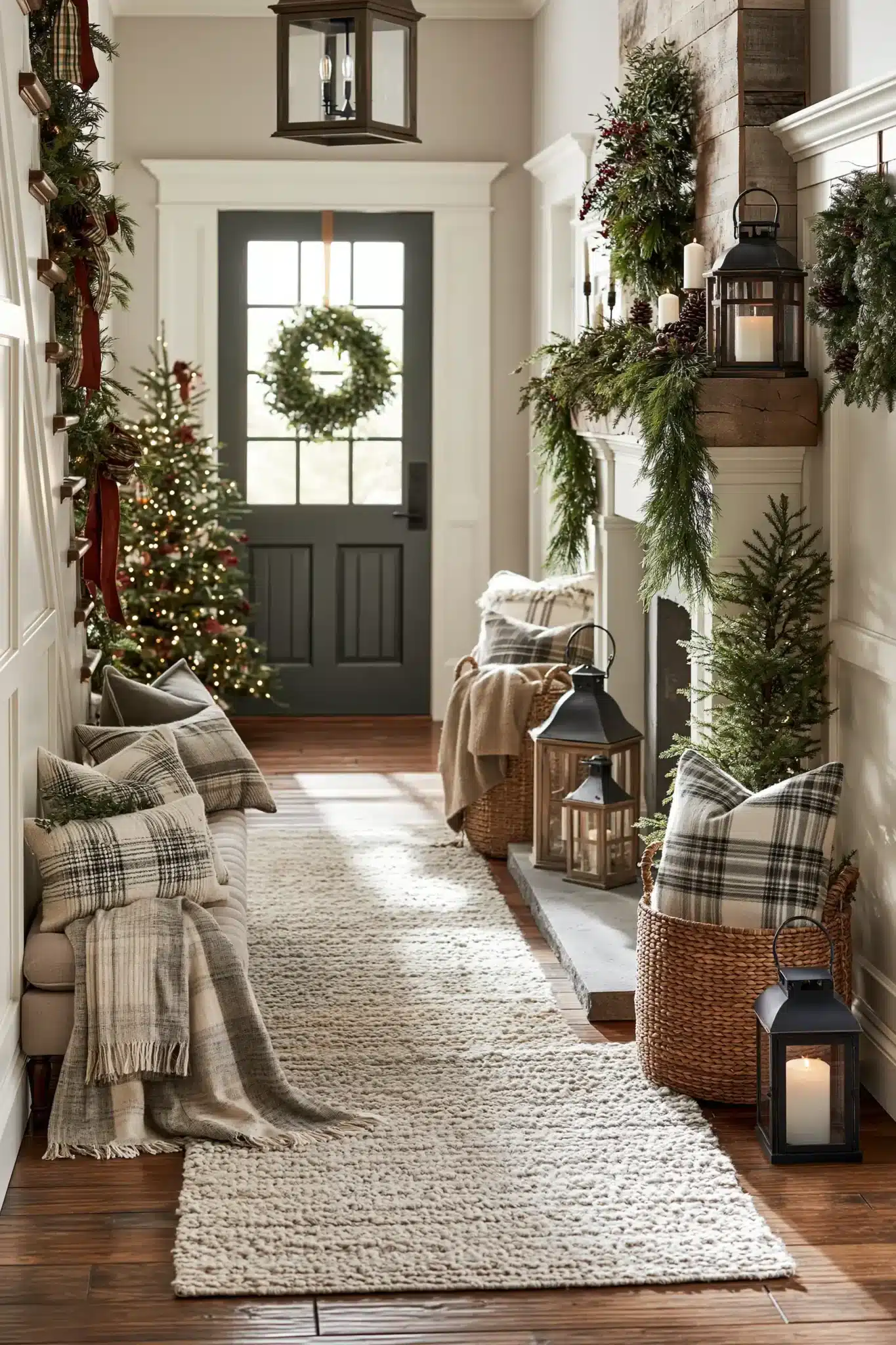 Warm hallway styled with cozy plaid Christmas decor and evergreen garlands