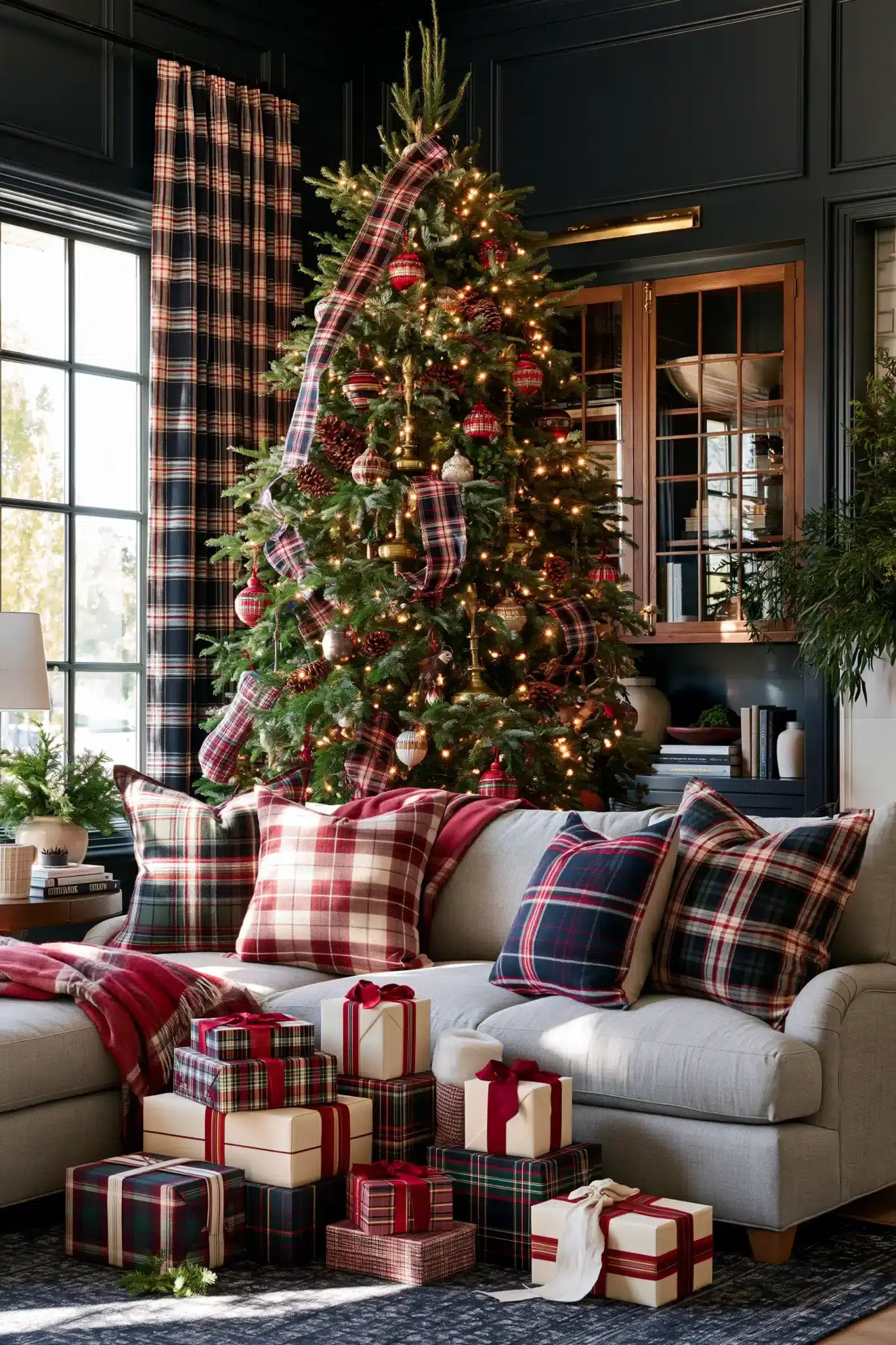 Christmas room decorated with tartan plaid ribbon, throws, and classic seasonal greenery.