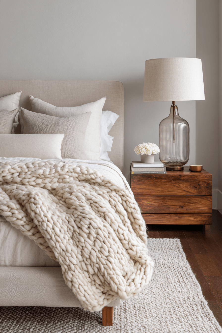 Warm minimalist bedroom with cozy polished decor and soft lighting