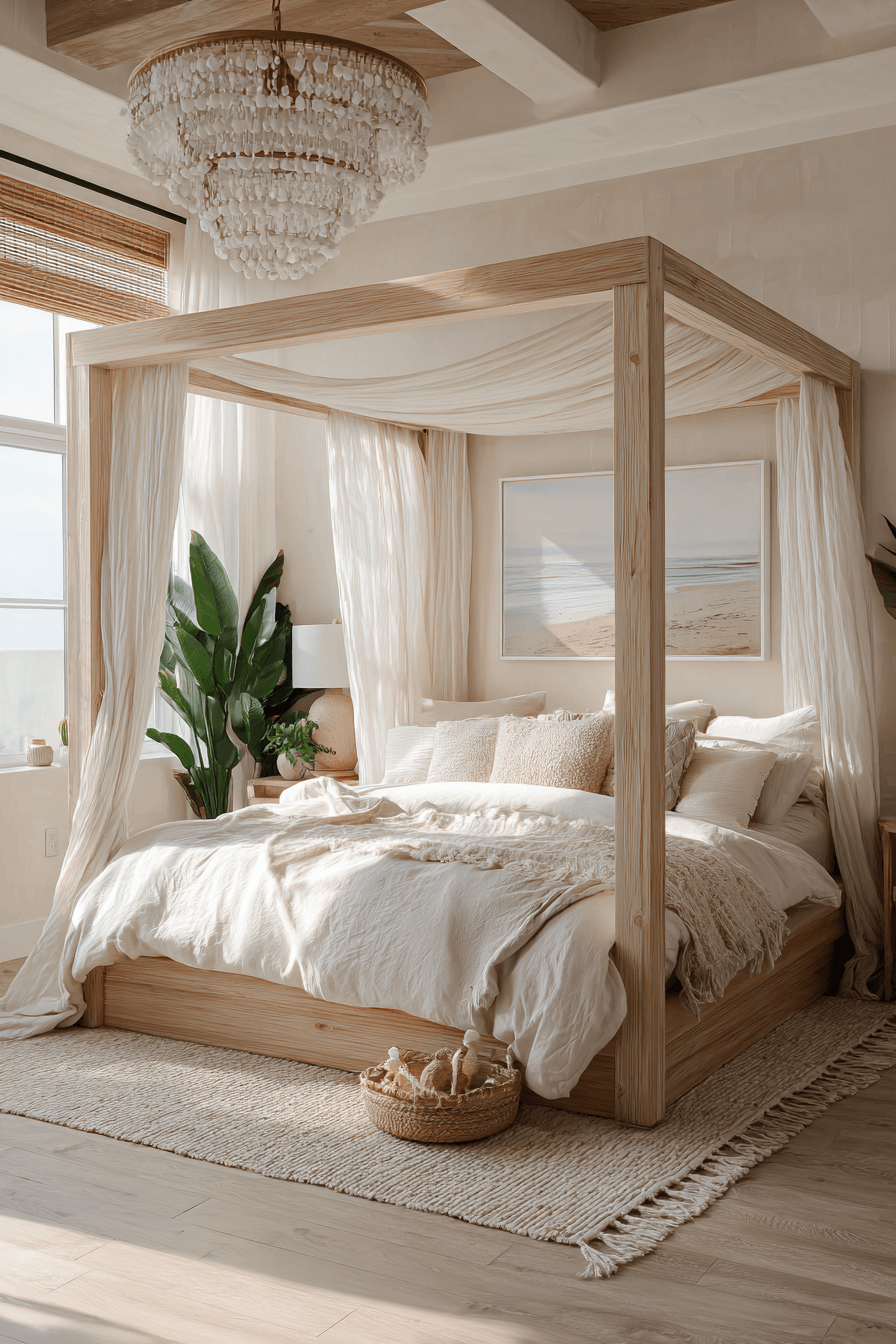 Cozy sand-toned beach theme bedroom with plush bedding and soft neutral layers