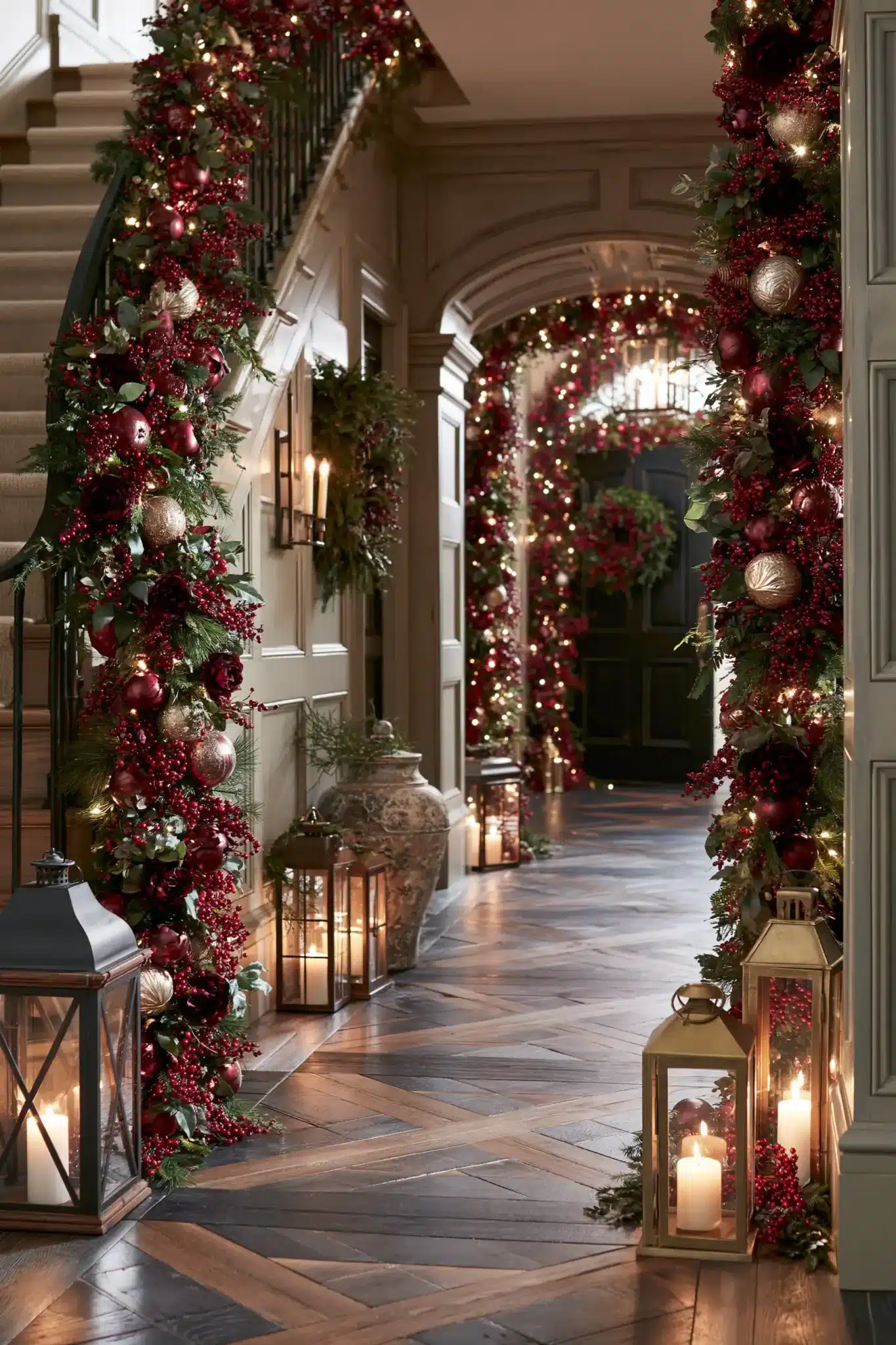 Traditional hallway with cranberry tones, evergreen garlands, and holiday ornaments