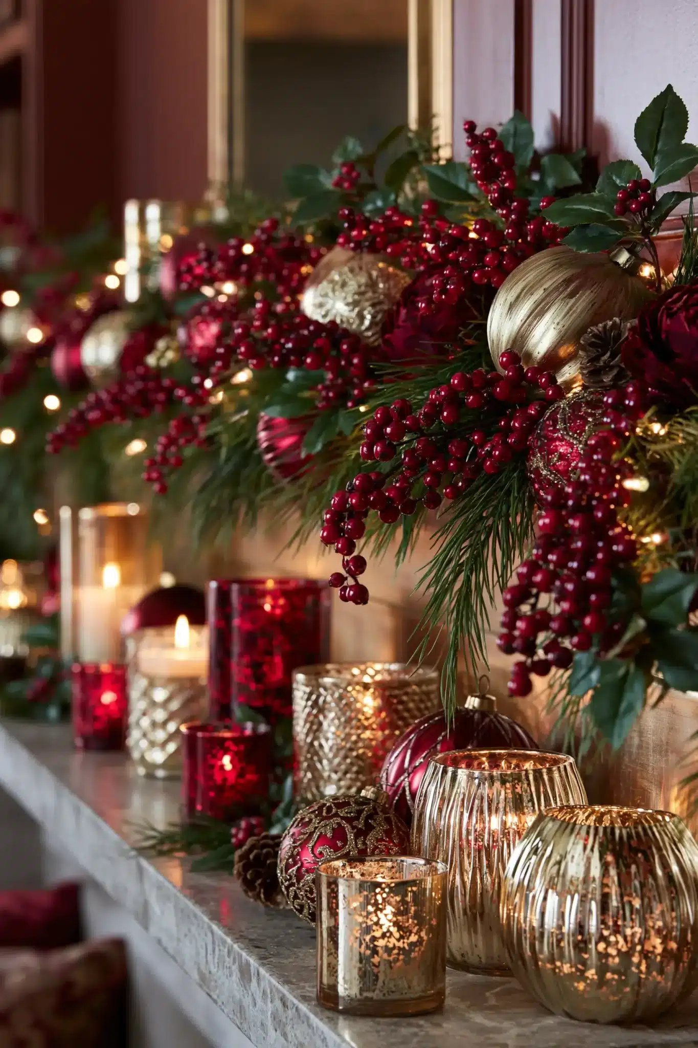 Christmas mantel styled with cranberry berries, gold accents, and greenery