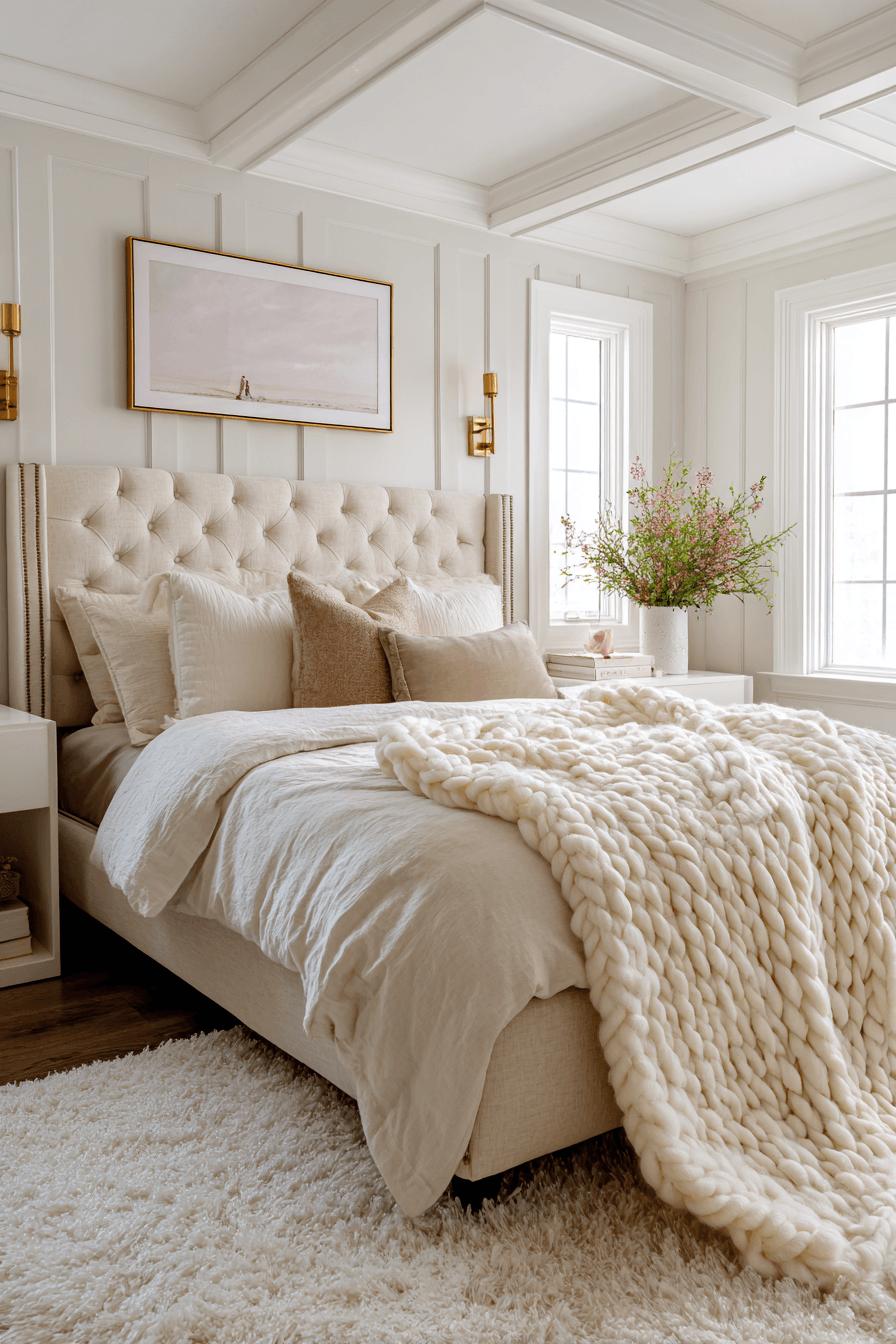 All-cream warm neutral bedroom with textured bedding and wood furniture
