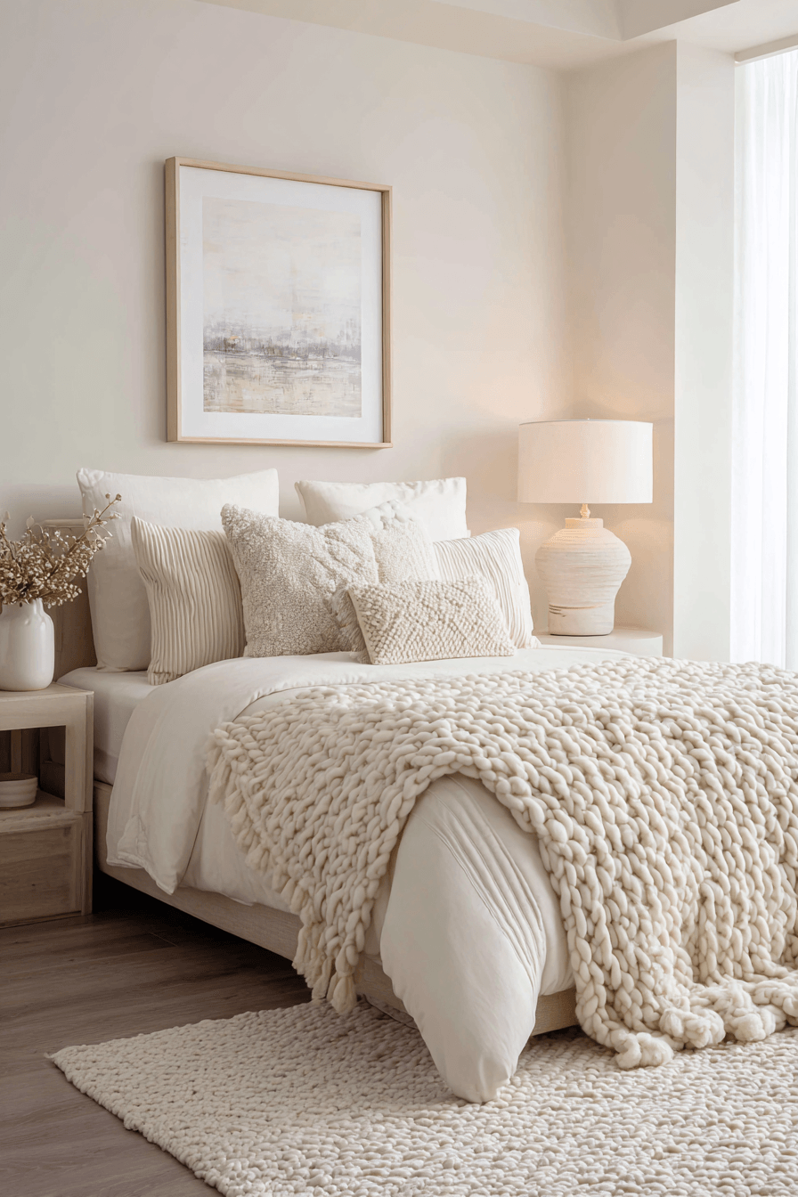 A creamy cozy bedroom with layered ivory bedding, textured pillows, and warm white decor.