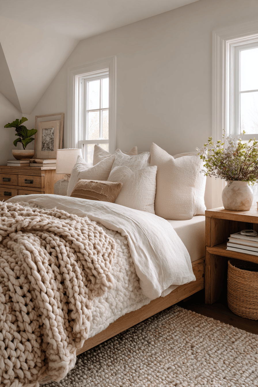 Creamy warm neutral bedroom with layered textures, light oak furniture, and daylight