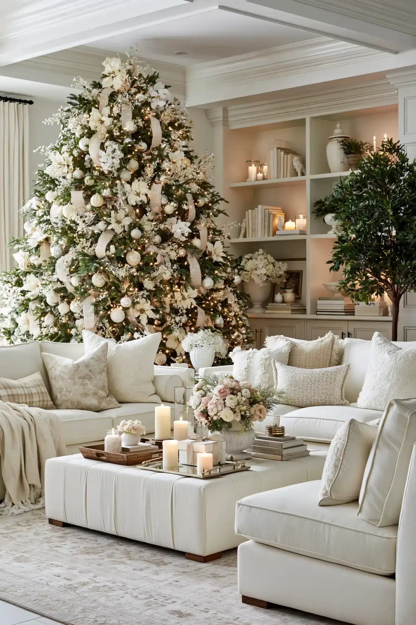 Ivory holiday decor with creamy ornaments, soft fabrics, and white Christmas accents