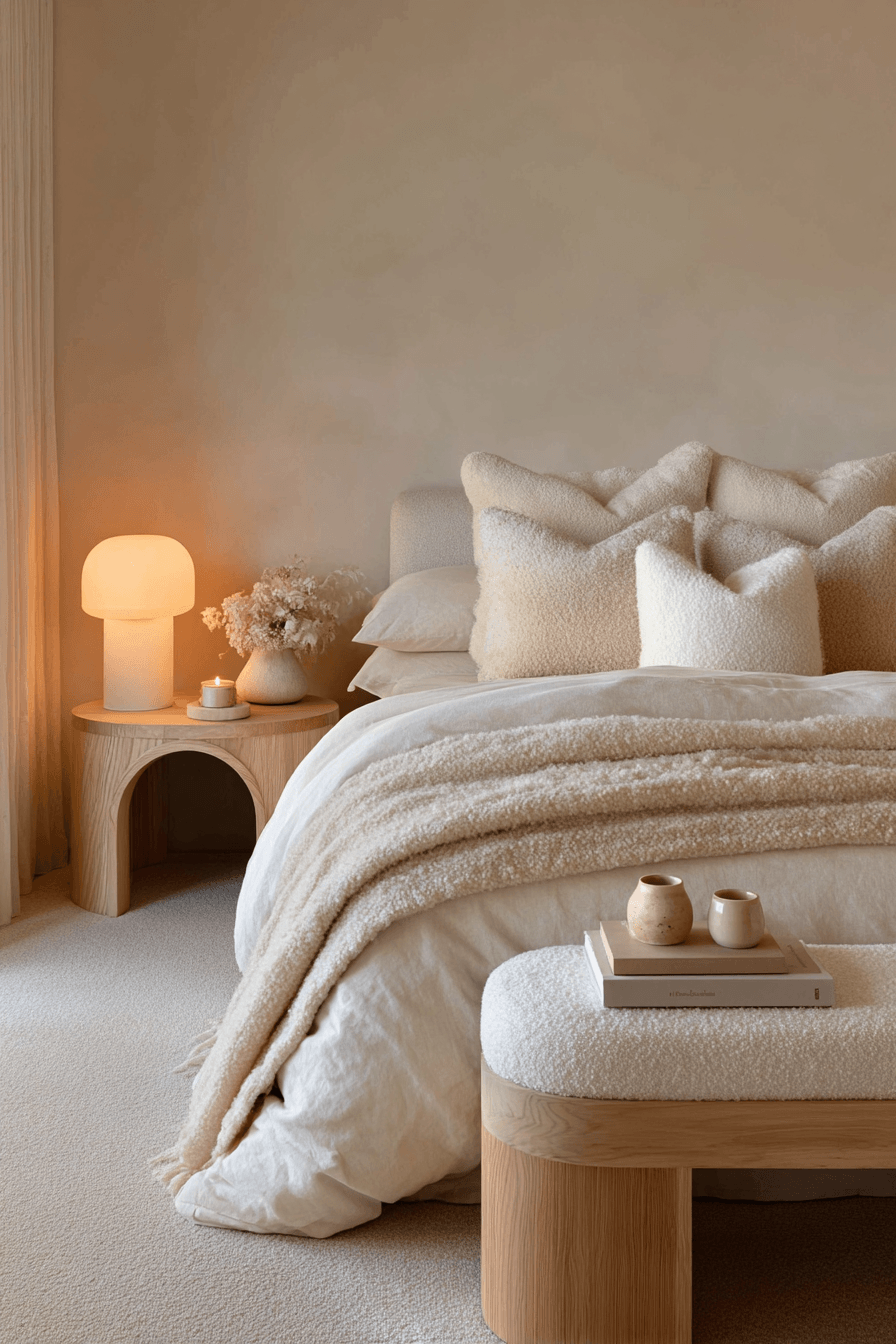 Warm minimalist bedroom with layered cream tones and soft textured fabrics