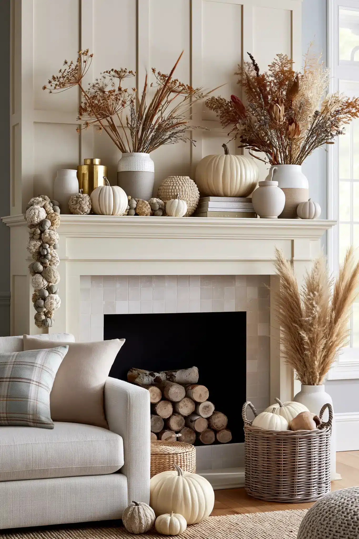 Neutral Thanksgiving mantel decor with cream tones, ceramic pumpkins, and dried stems.